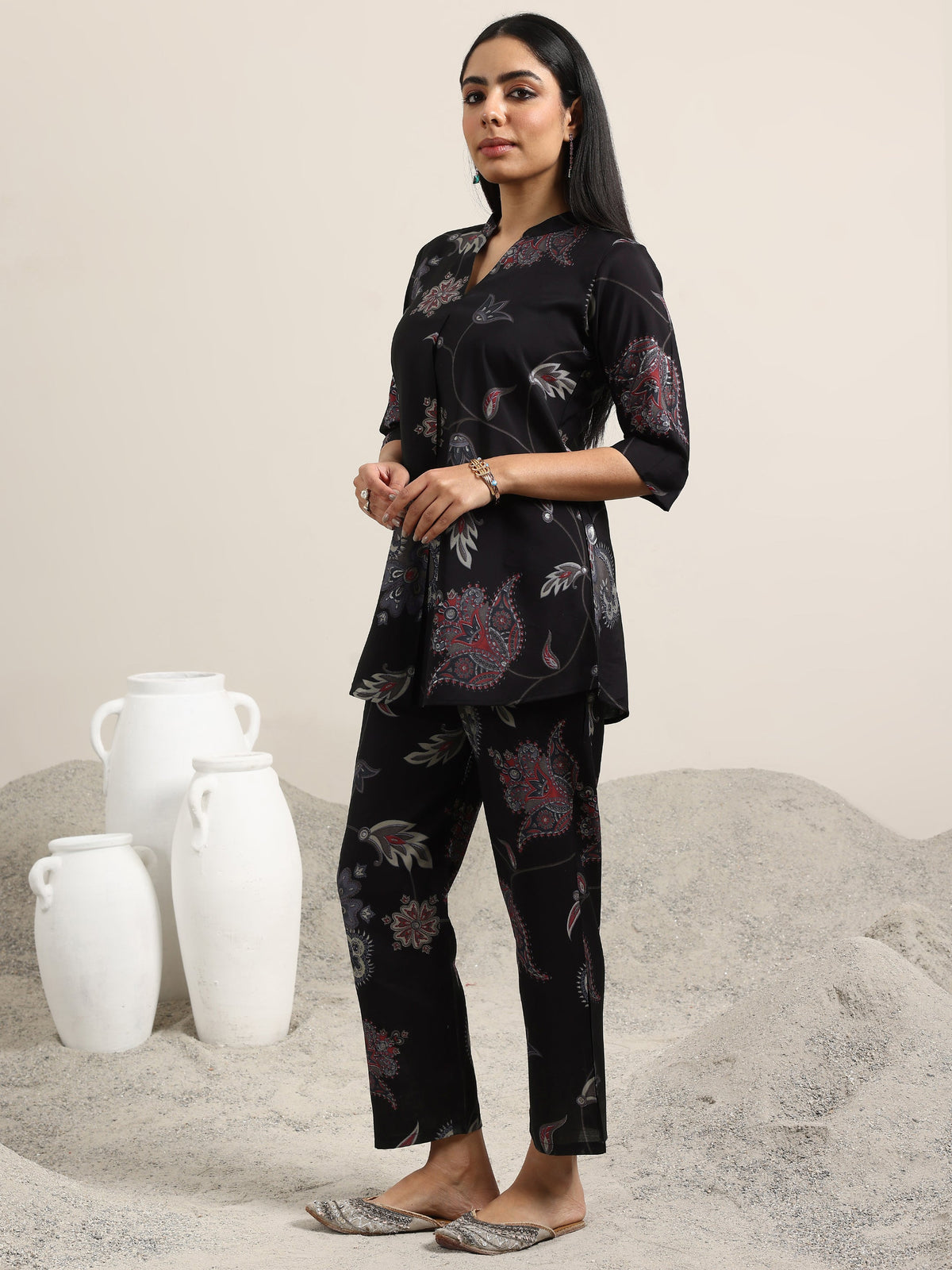 Libas Black Printed Silk Blend Co-Ords