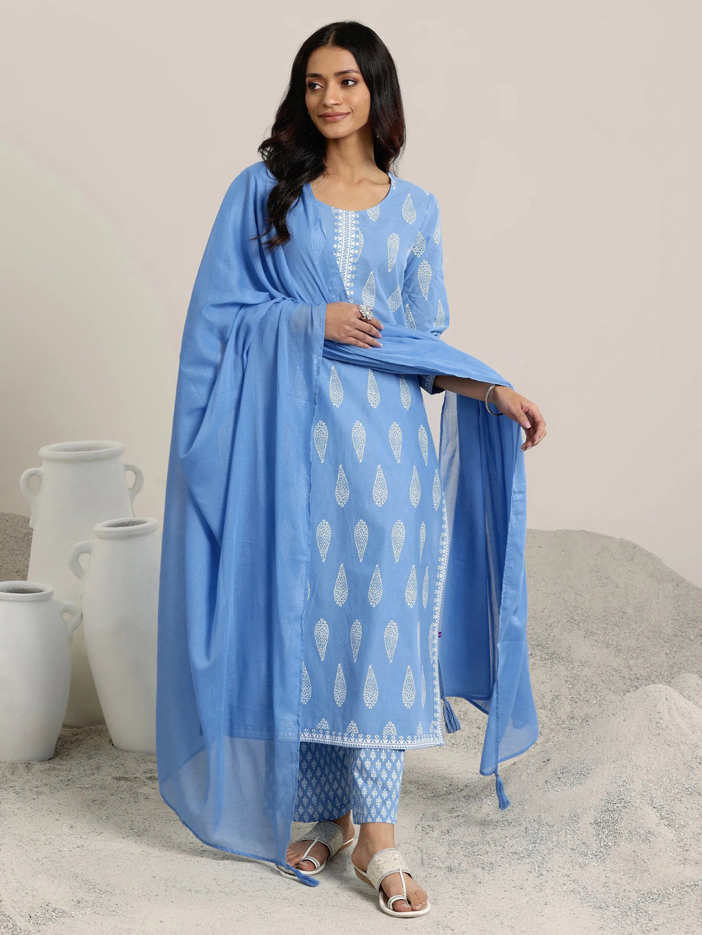 Libas Blue Printed Cotton Straight  Suits With Dupatta