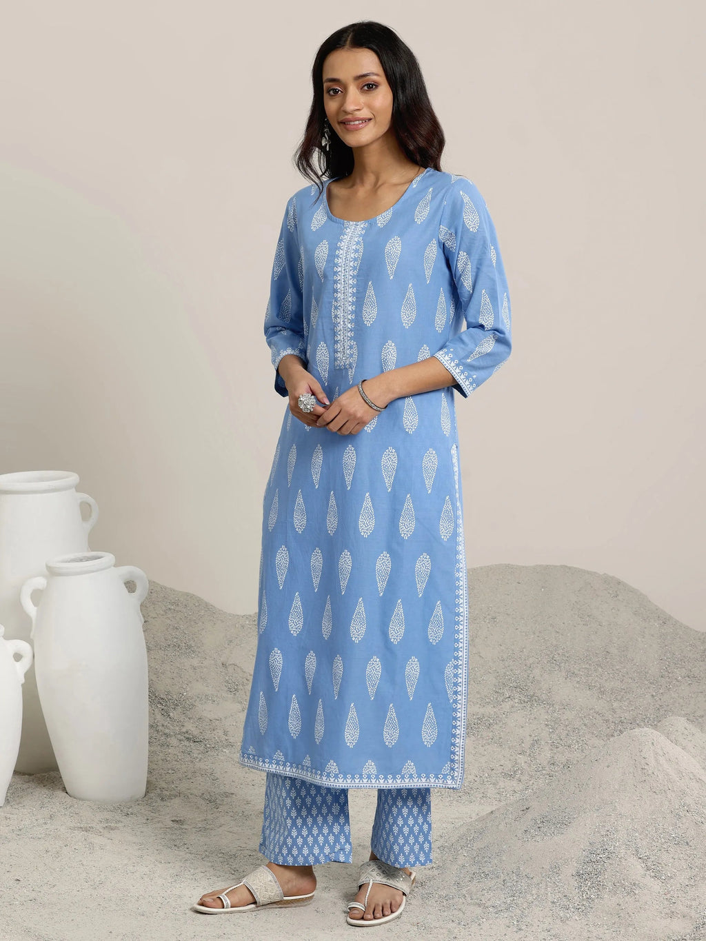 Libas Blue Printed Cotton Straight  Suits With Dupatta