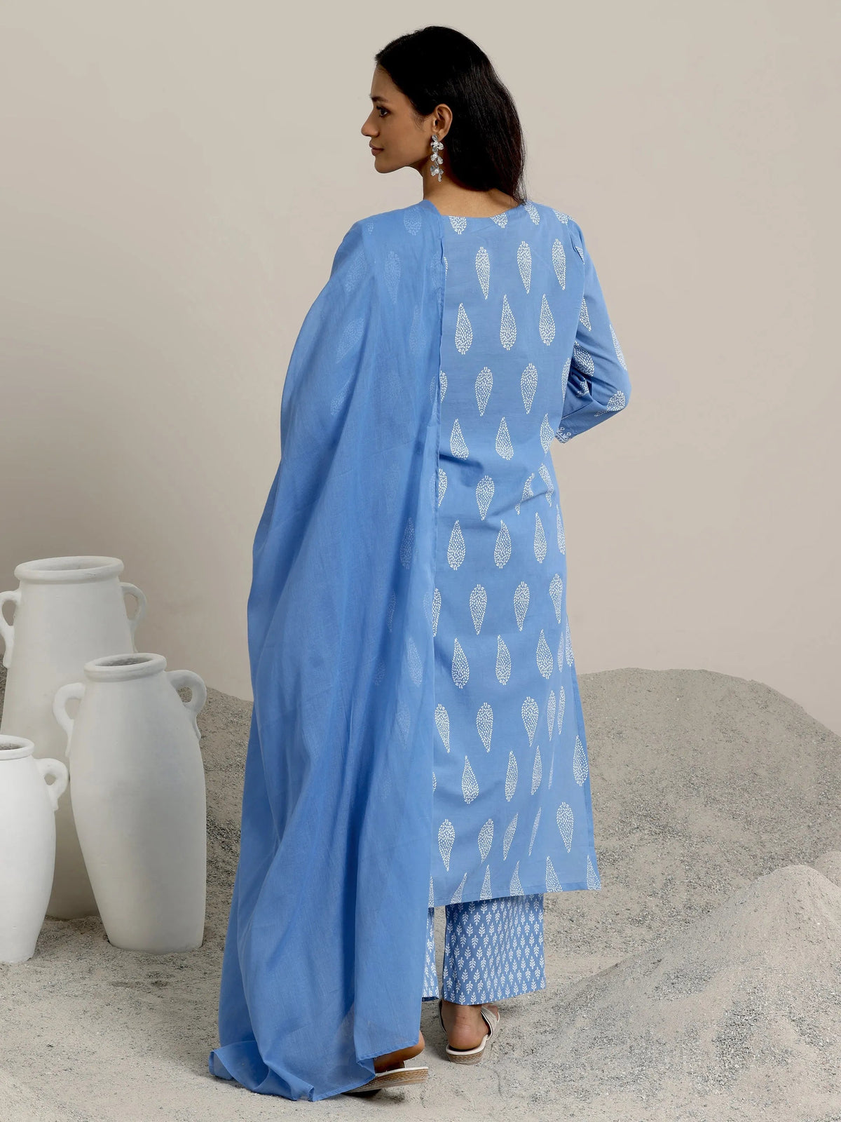 Libas Blue Printed Cotton Straight  Suits With Dupatta