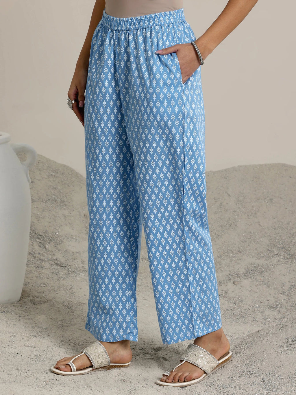 Libas Blue Printed Cotton Straight  Suits With Dupatta