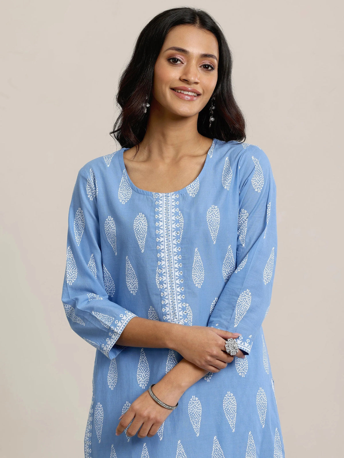 Libas Blue Printed Cotton Straight  Suits With Dupatta