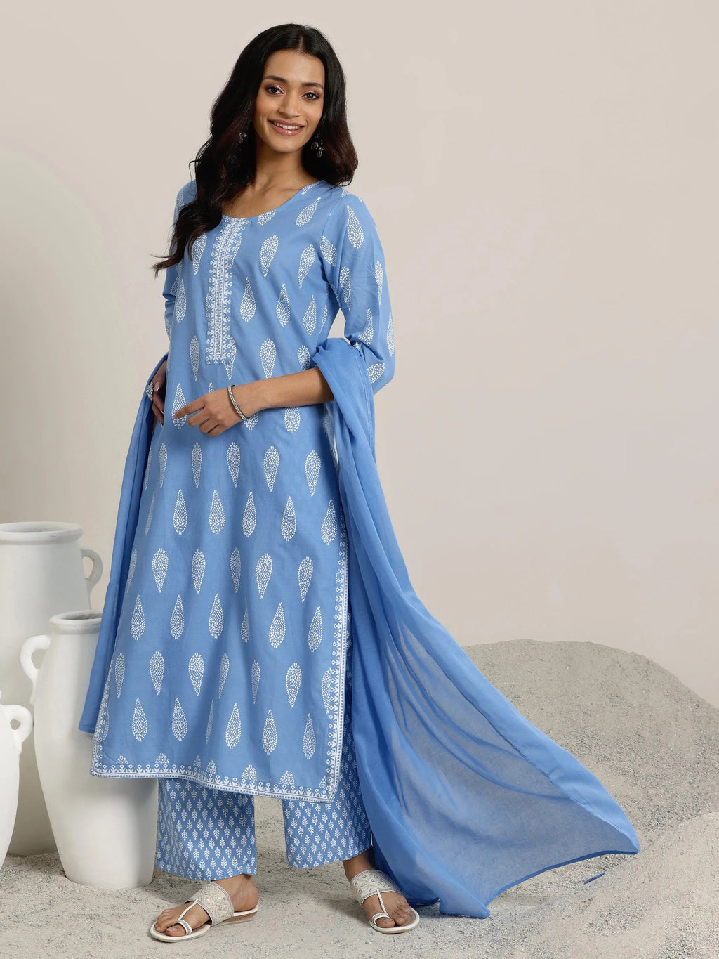 Libas Blue Printed Cotton Straight  Suits With Dupatta