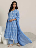 Libas Blue Printed Cotton Straight  Suits With Dupatta