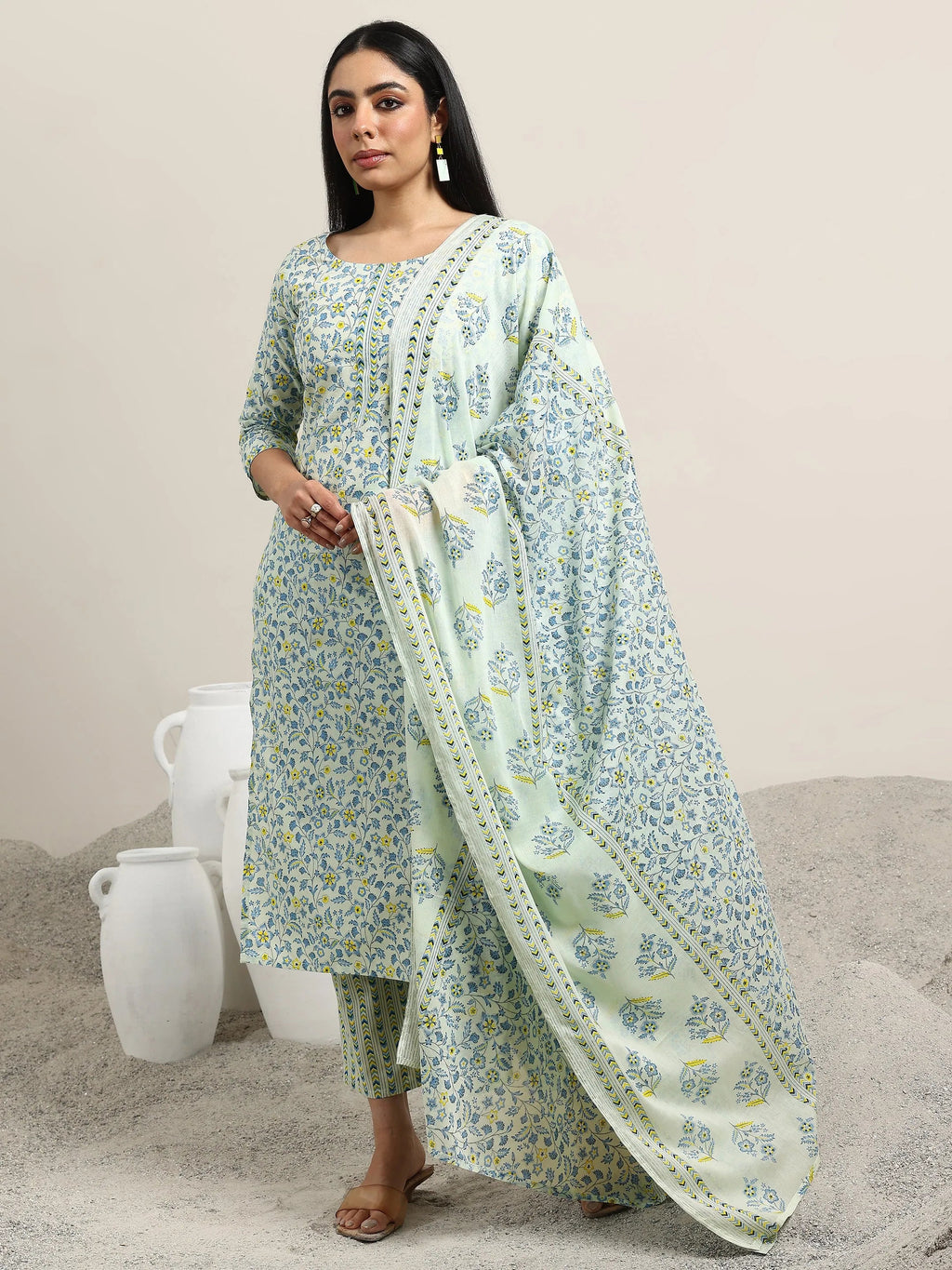 Libas Blue Printed Cotton Straight Suit With Dupatta