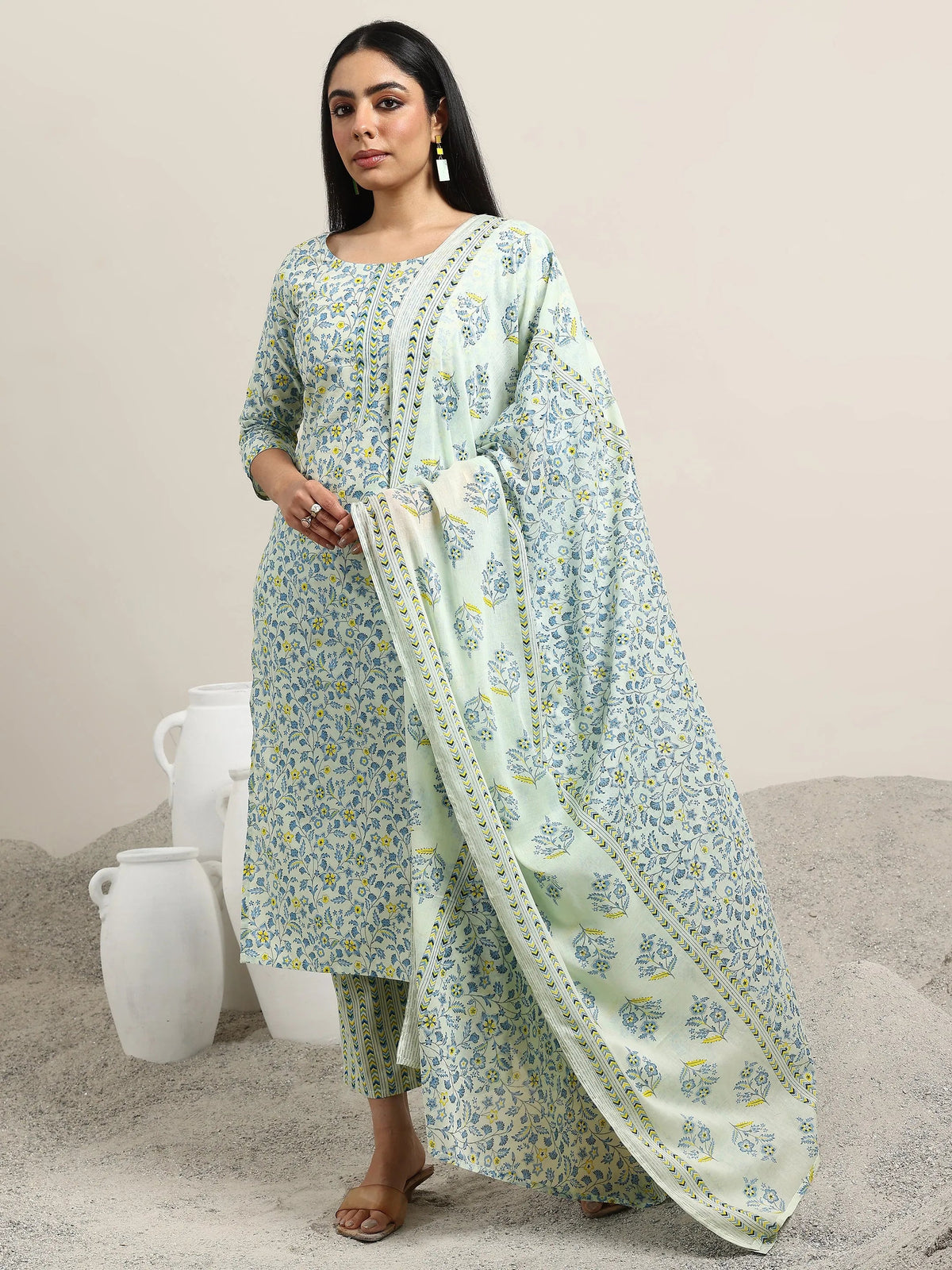 Libas Blue Printed Cotton Straight Suit With Dupatta