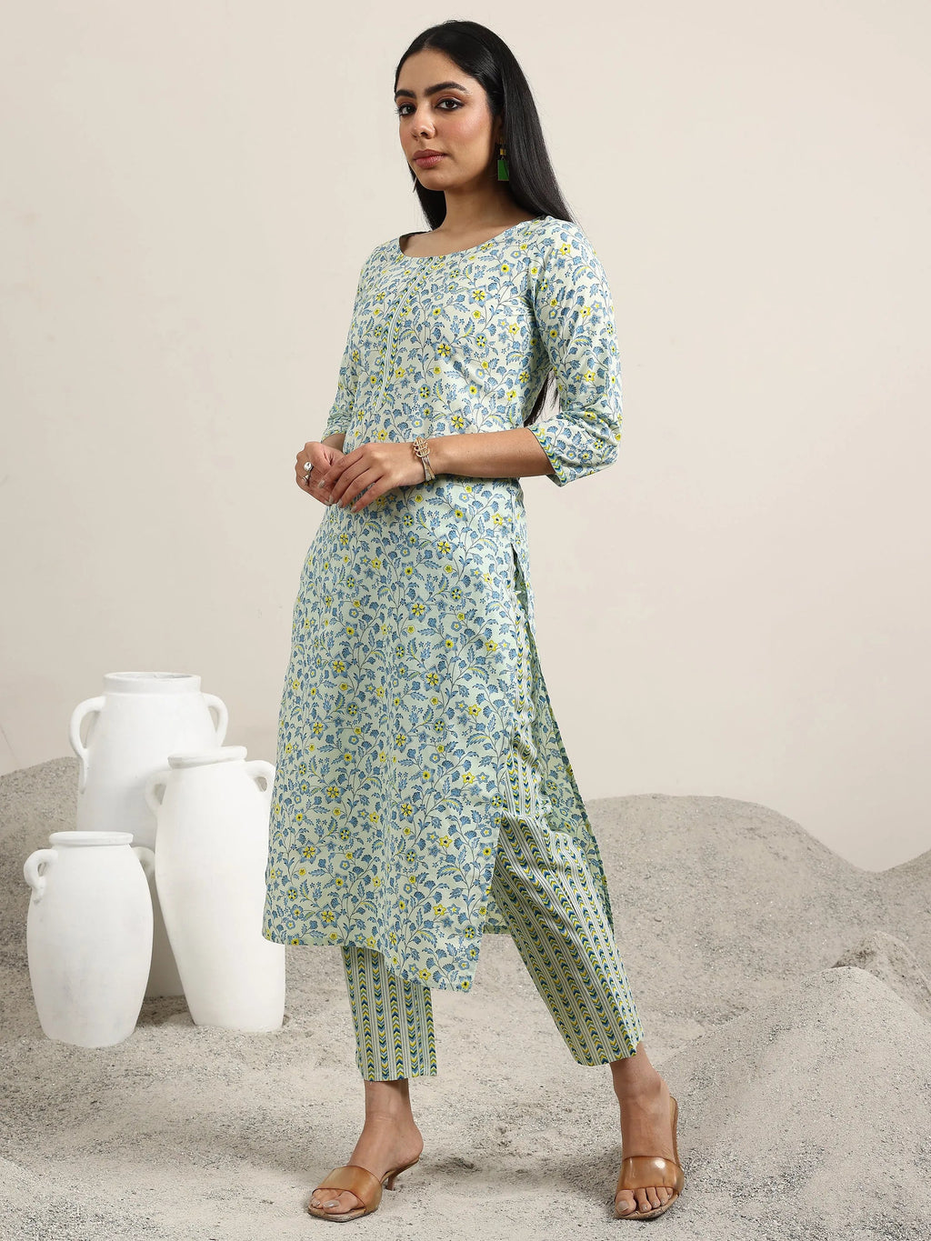 Libas Blue Printed Cotton Straight Suit With Dupatta