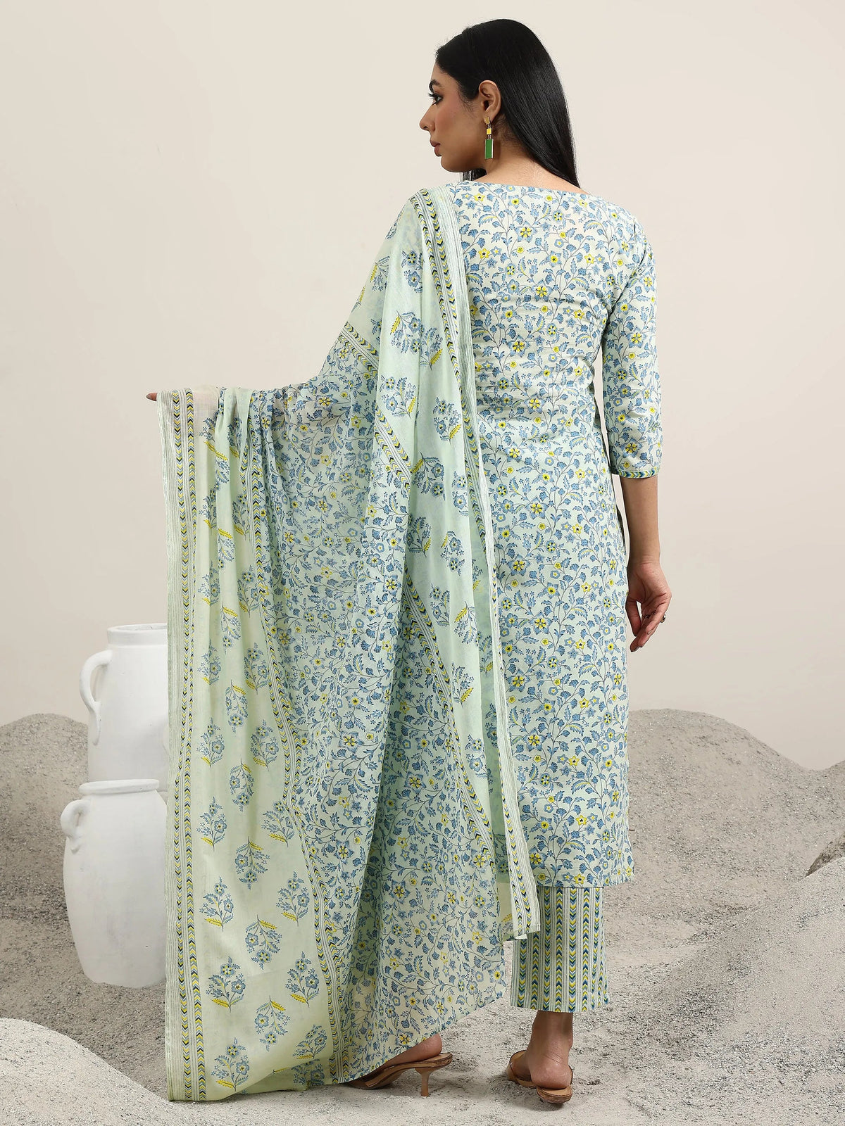 Libas Blue Printed Cotton Straight Suit With Dupatta