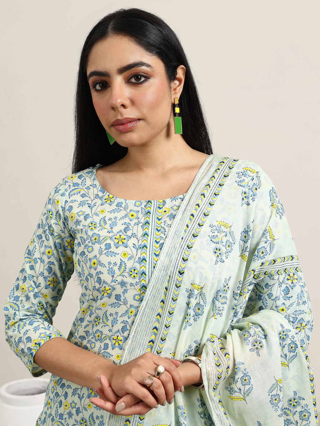 Libas Blue Printed Cotton Straight Suit With Dupatta
