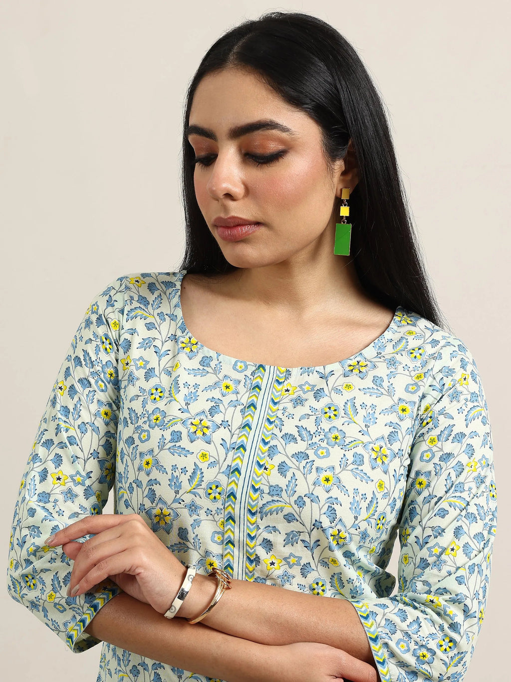 Libas Blue Printed Cotton Straight Suit With Dupatta