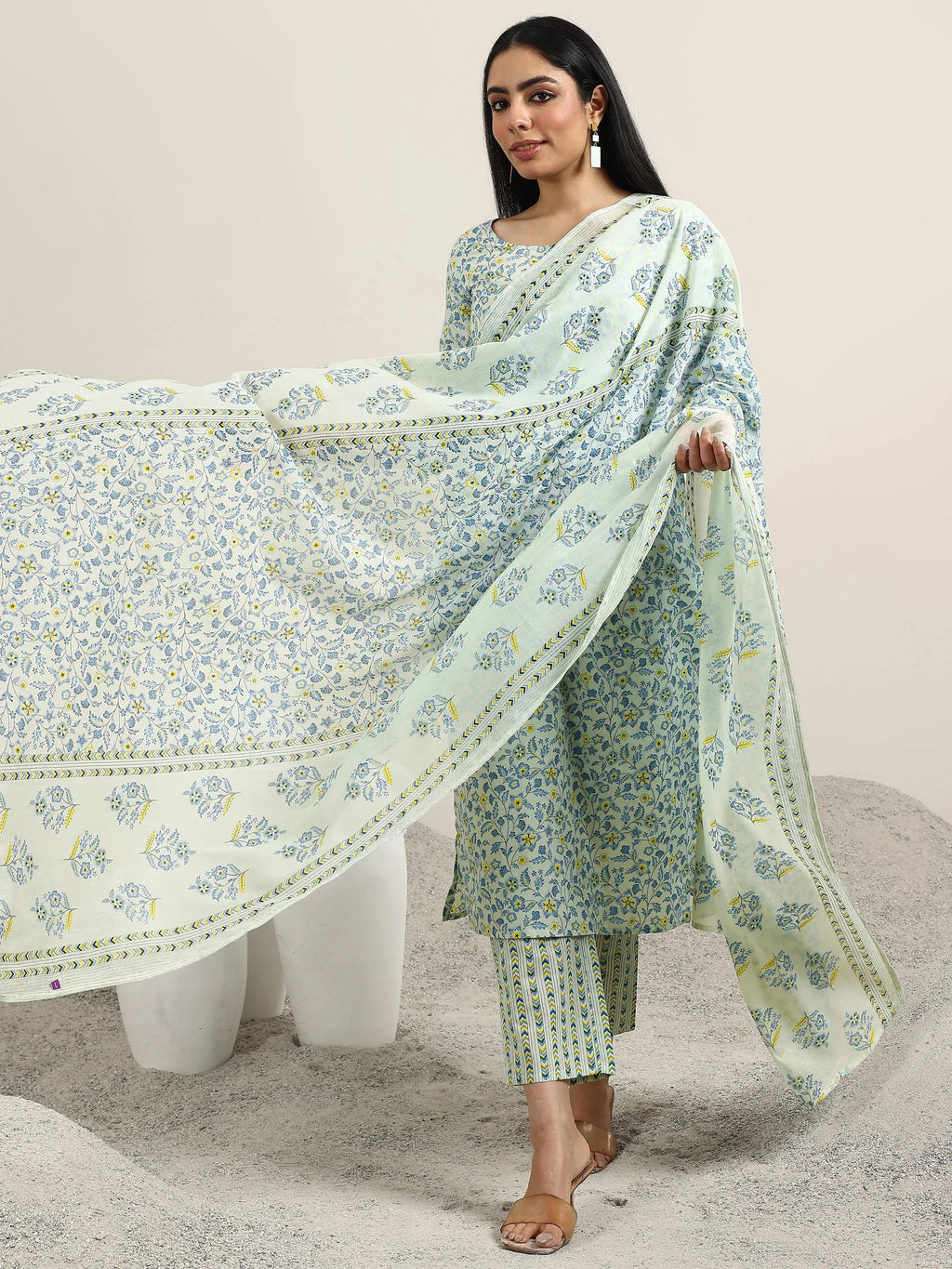 Libas Blue Printed Cotton Straight Suit With Dupatta