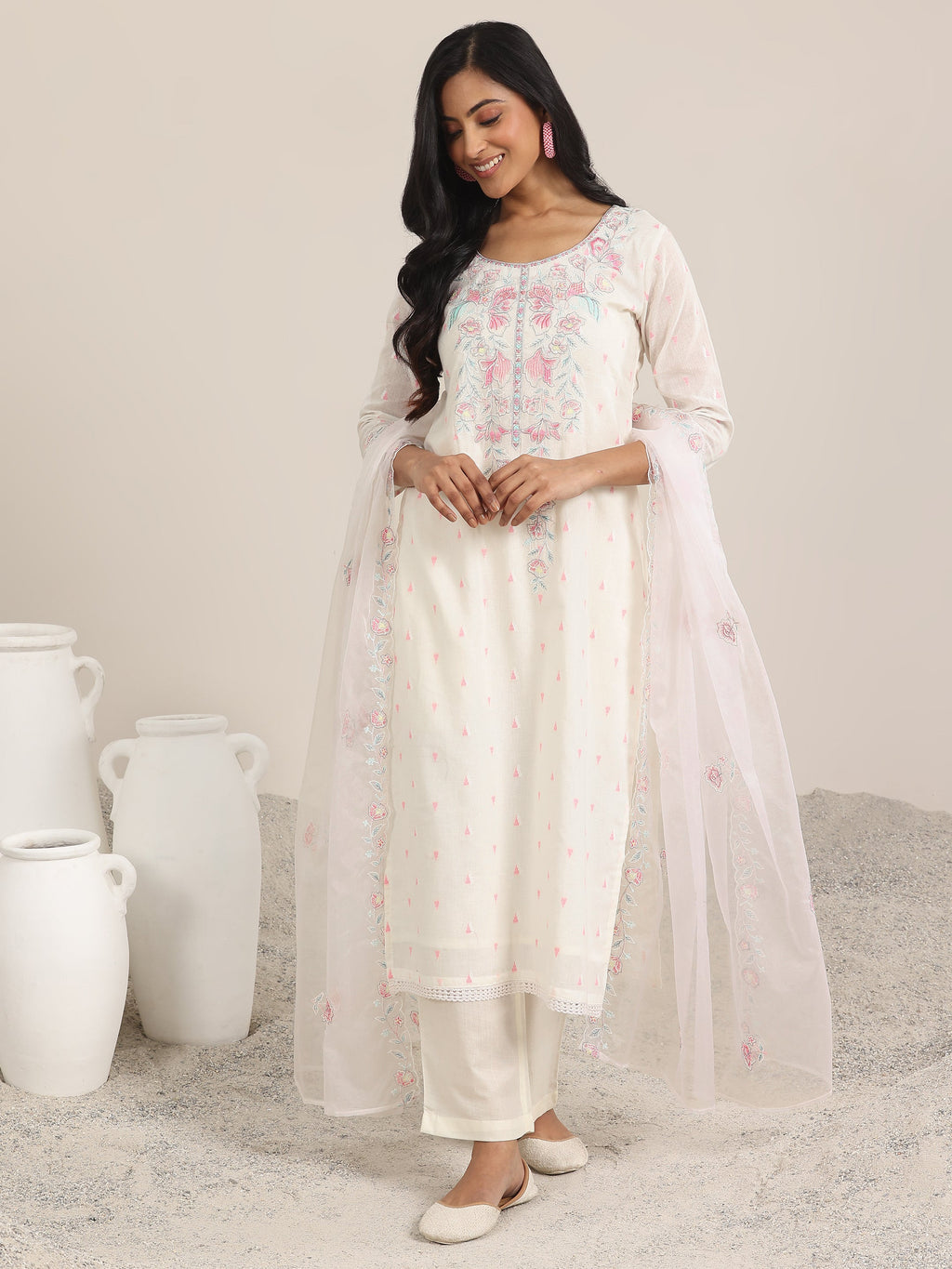 Libas Off White Embroidered Cotton Straight Suit With Dupatta