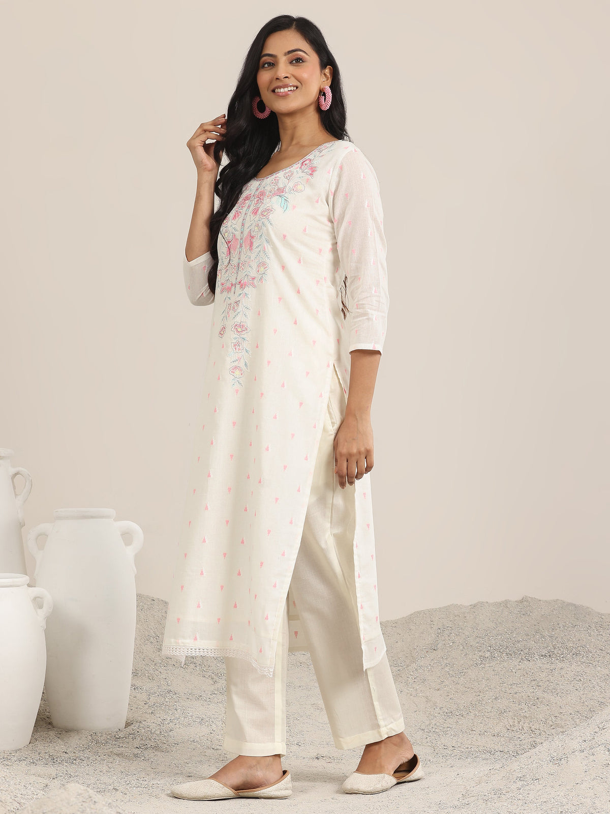 Libas Off White Embroidered Cotton Straight Suit With Dupatta