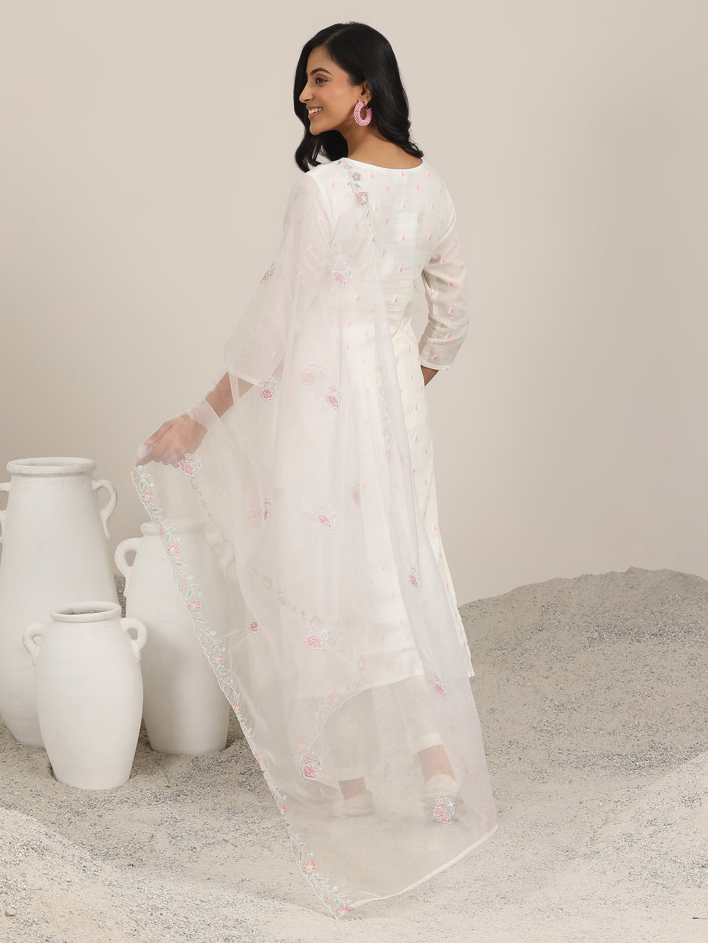 Libas Off White Embroidered Cotton Straight Suit With Dupatta
