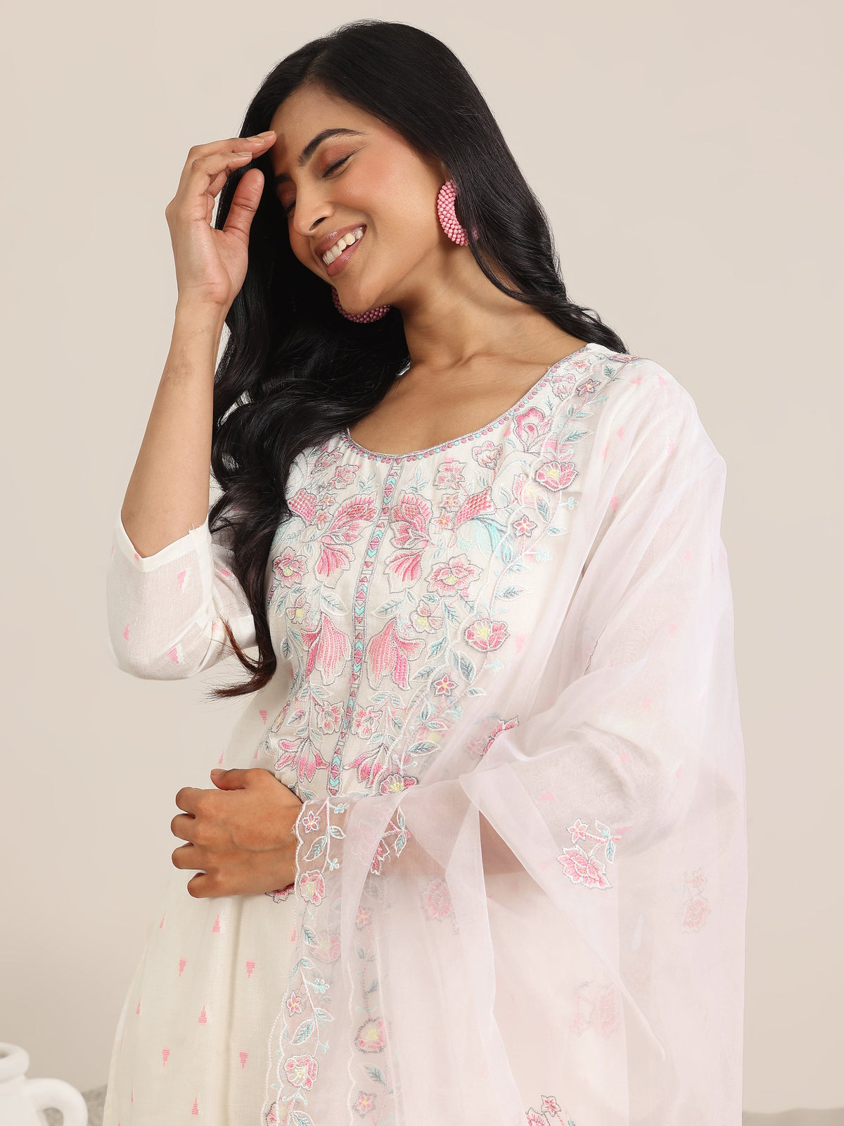Libas Off White Embroidered Cotton Straight Suit With Dupatta