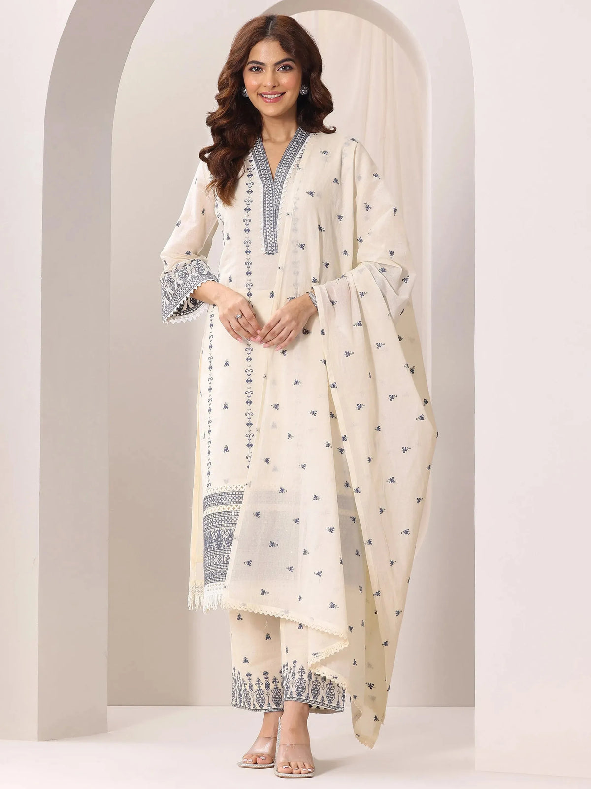 Libas Off White Embroidered Cotton Straight Suit Set With Dupatta