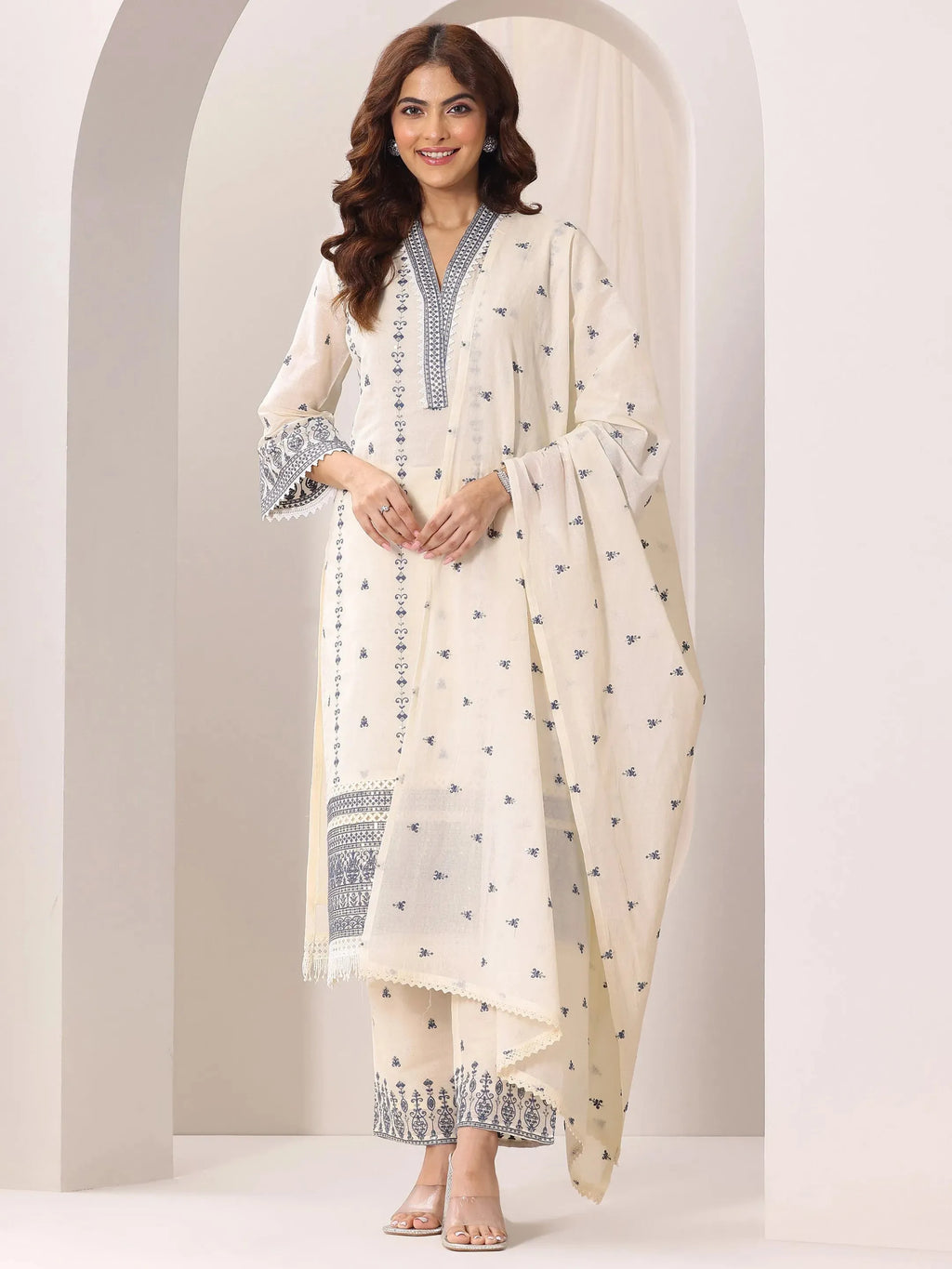 Libas Off White Embroidered Cotton Straight Suit Set With Dupatta