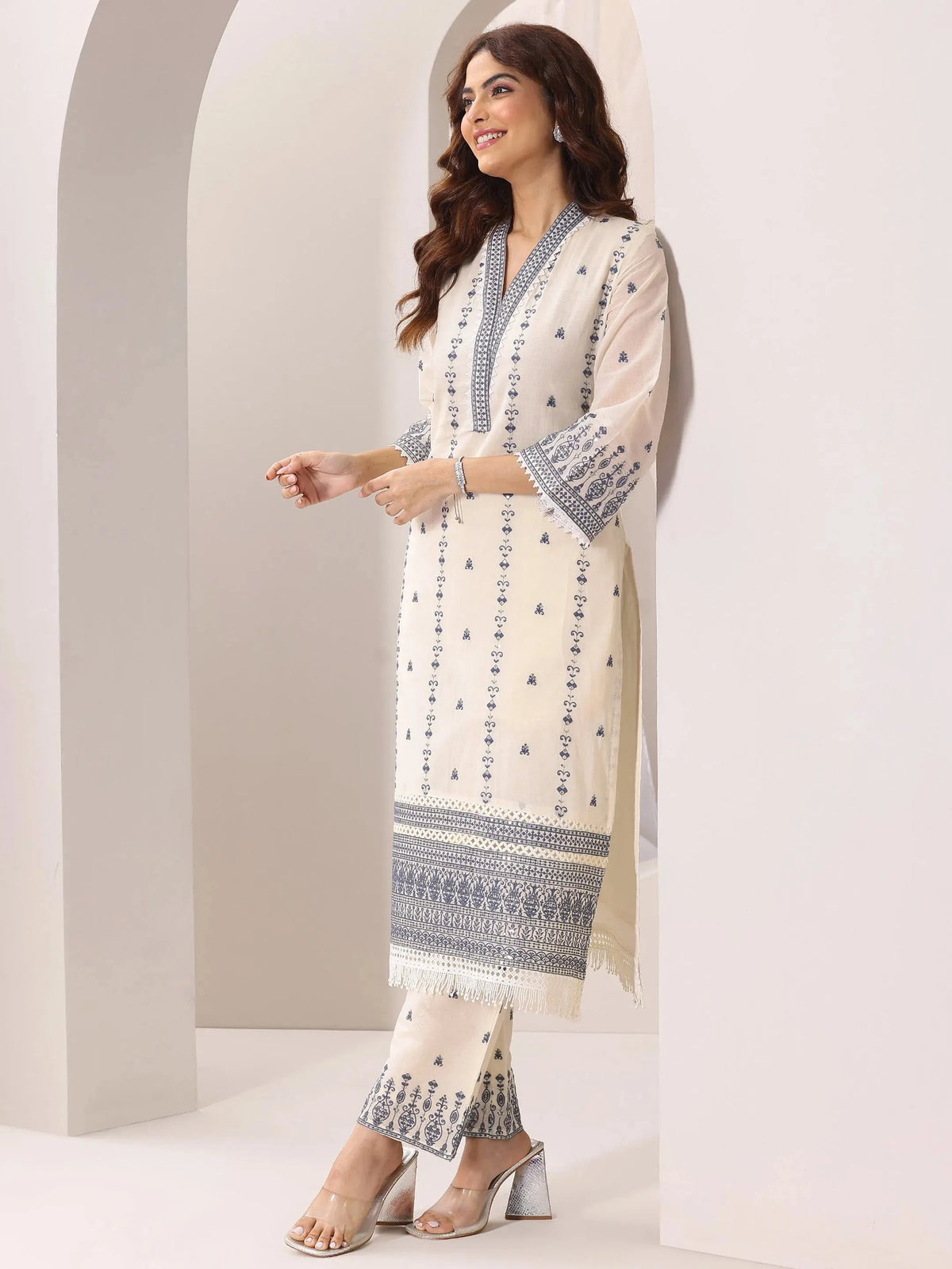 Libas Off White Embroidered Cotton Straight Suit Set With Dupatta