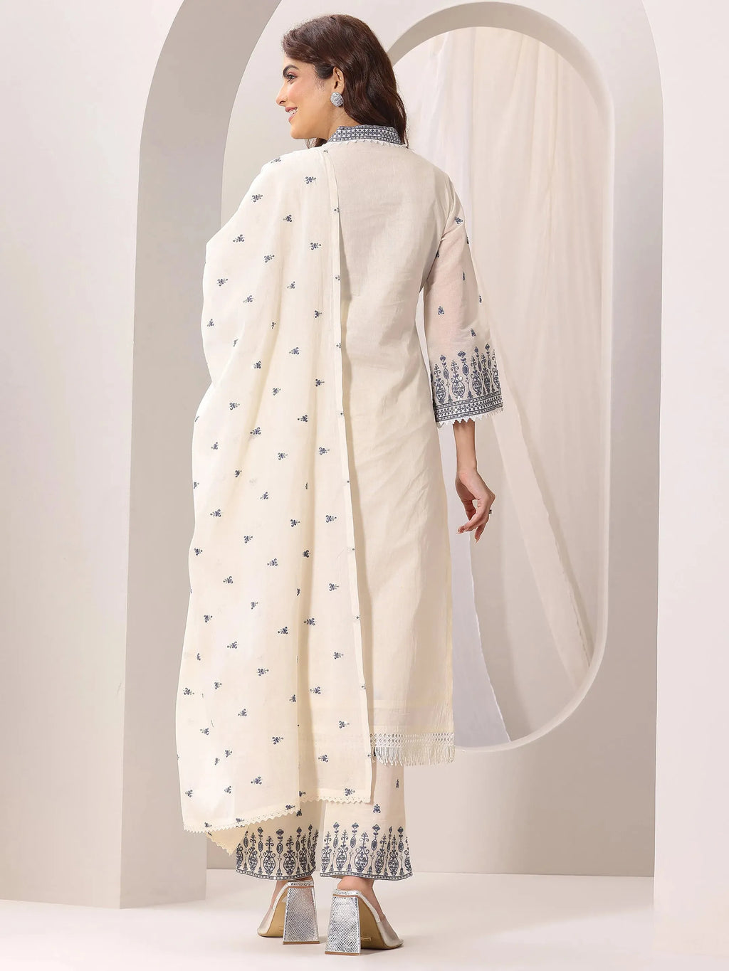 Libas Off White Embroidered Cotton Straight Suit Set With Dupatta