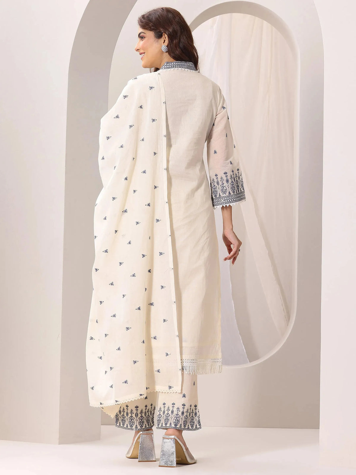 Libas Off White Embroidered Cotton Straight Suit Set With Dupatta