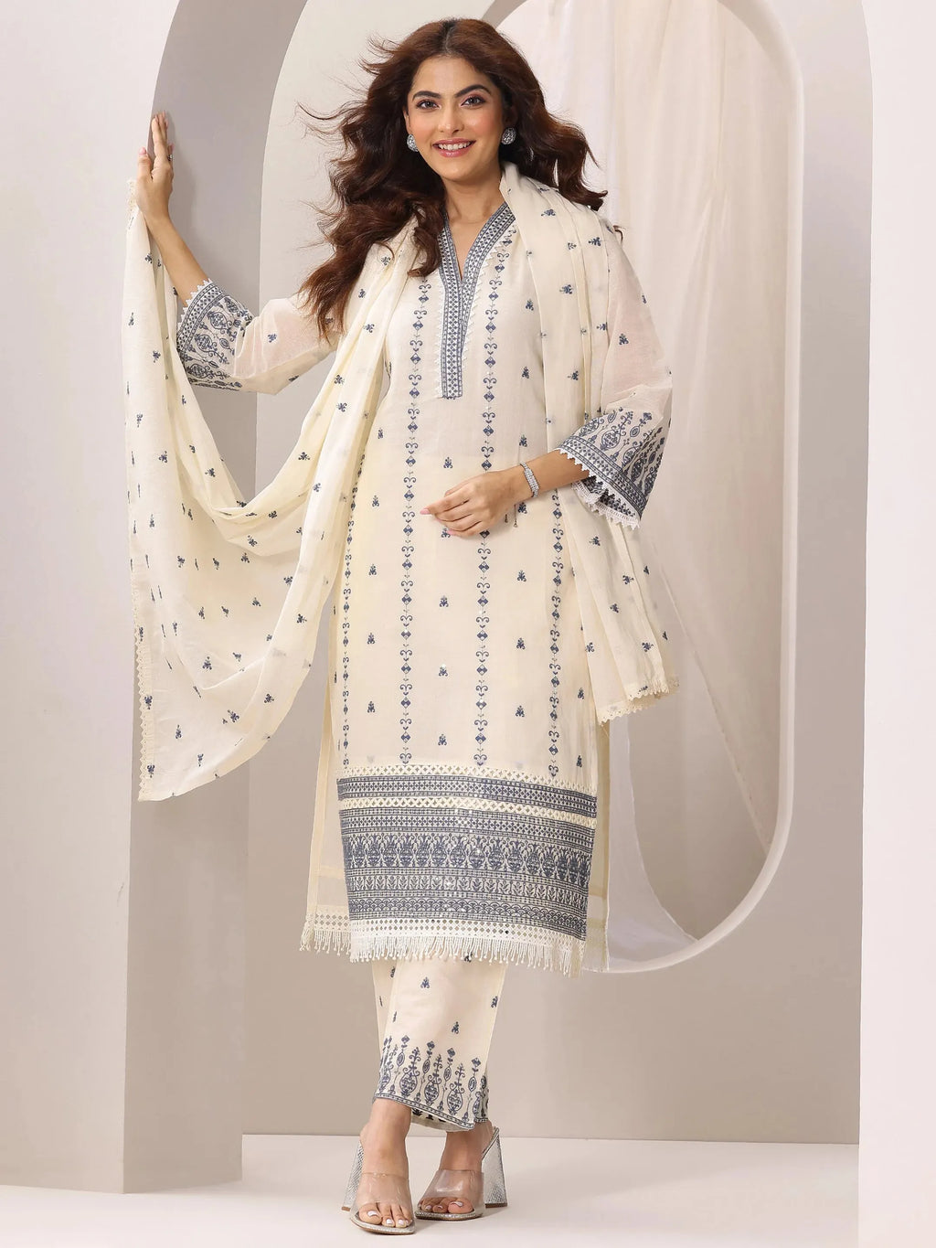 Libas Off White Embroidered Cotton Straight Suit Set With Dupatta