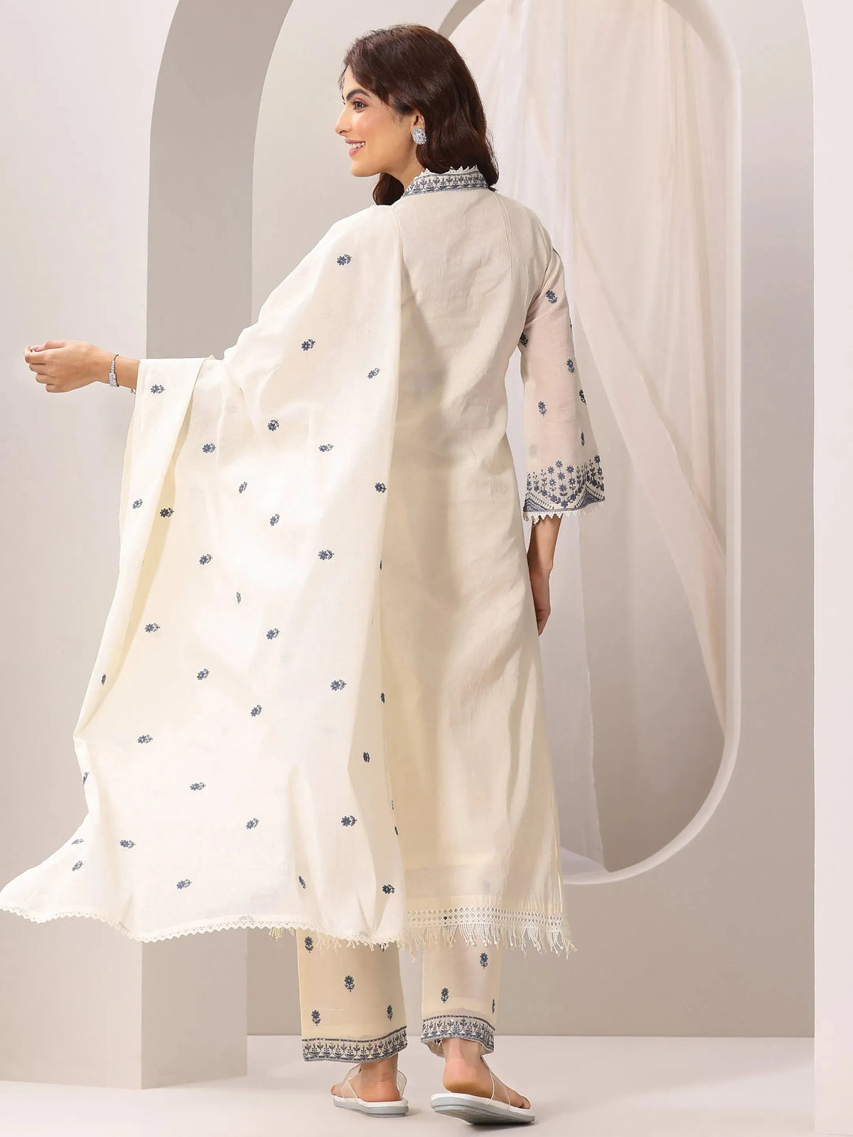 Libas Off White Embroidered Cotton Straight Suit Set With Dupatta