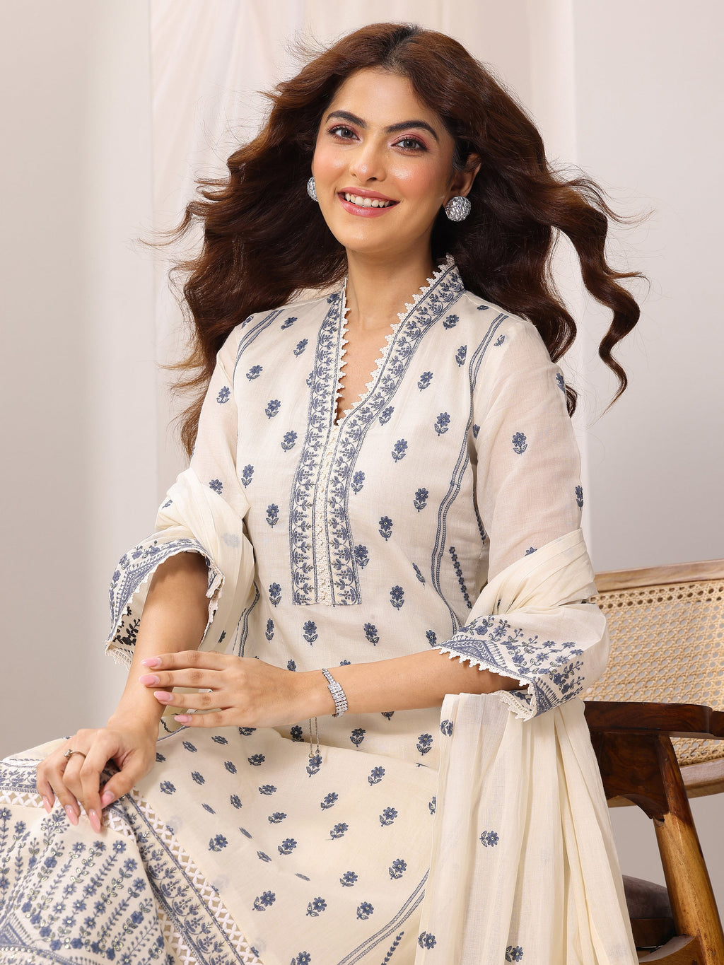 Libas Off White Embroidered Cotton Straight Suit Set With Dupatta