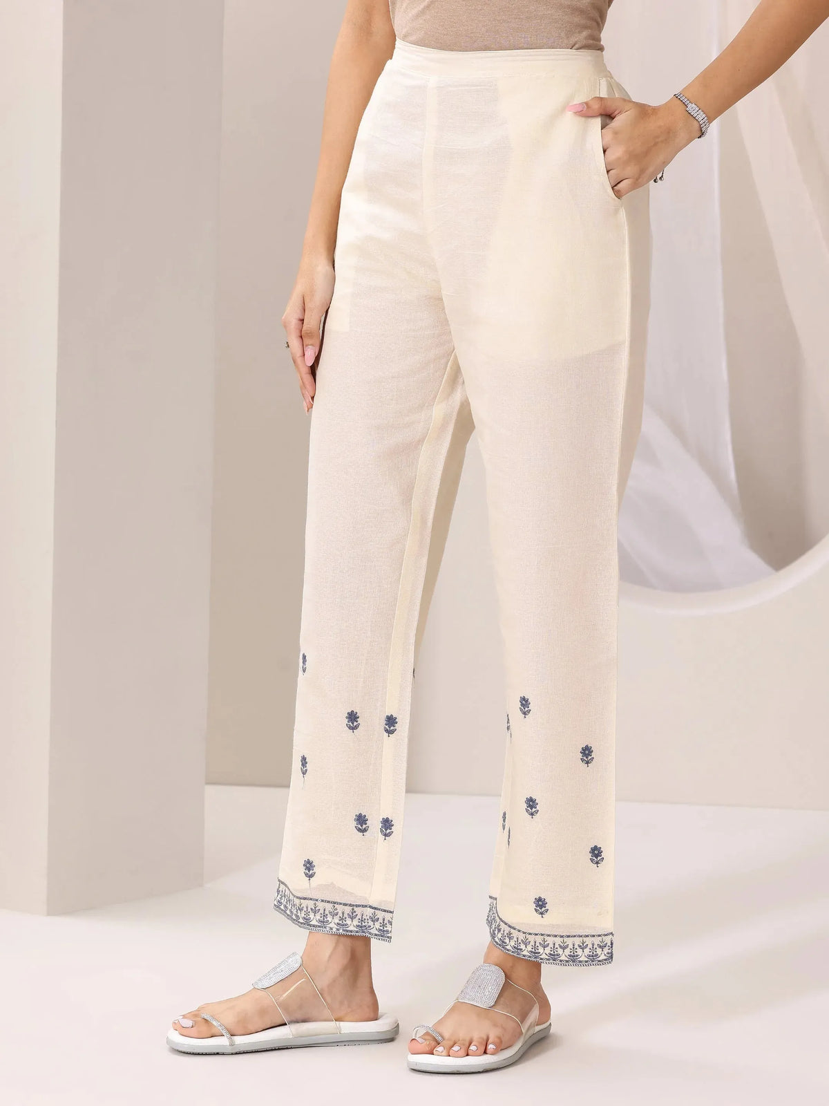 Libas Off White Embroidered Cotton Straight Suit Set With Dupatta