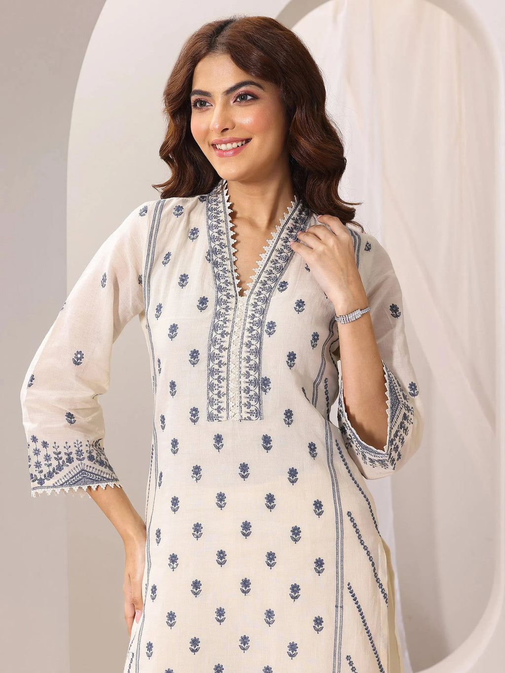 Libas Off White Embroidered Cotton Straight Suit Set With Dupatta