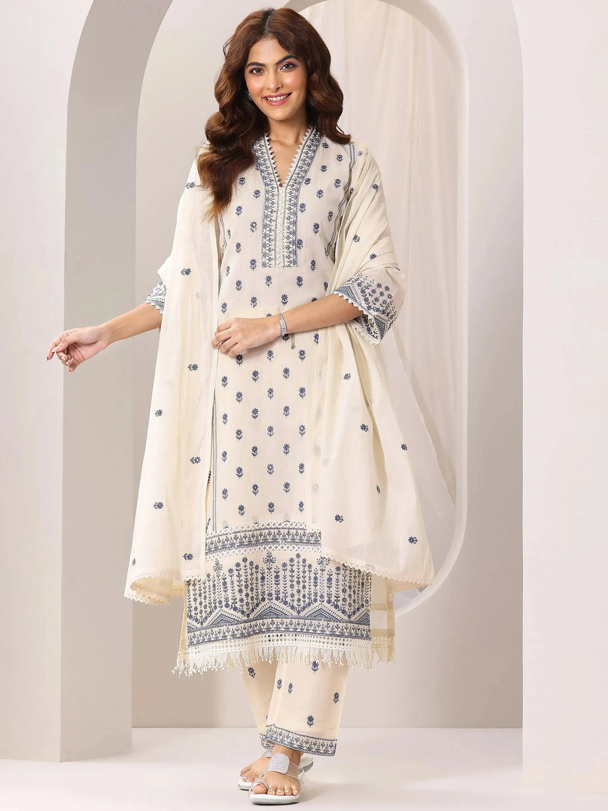 Libas Off White Embroidered Cotton Straight Suit Set With Dupatta