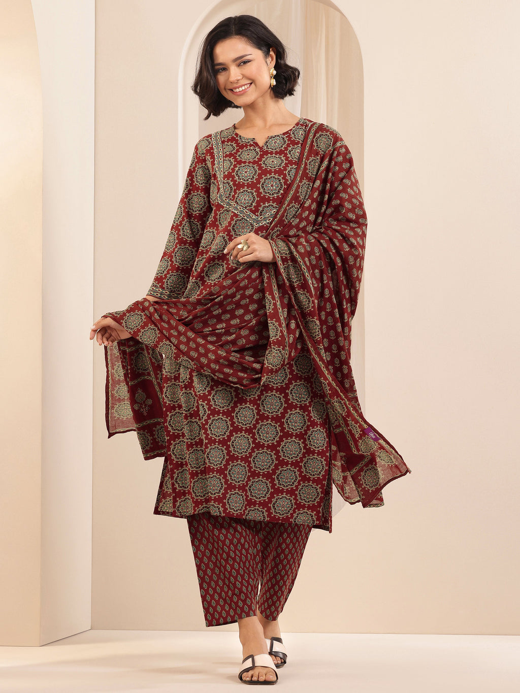 Libas Rust Printed Cotton Straight Suit Sets With Dupatta