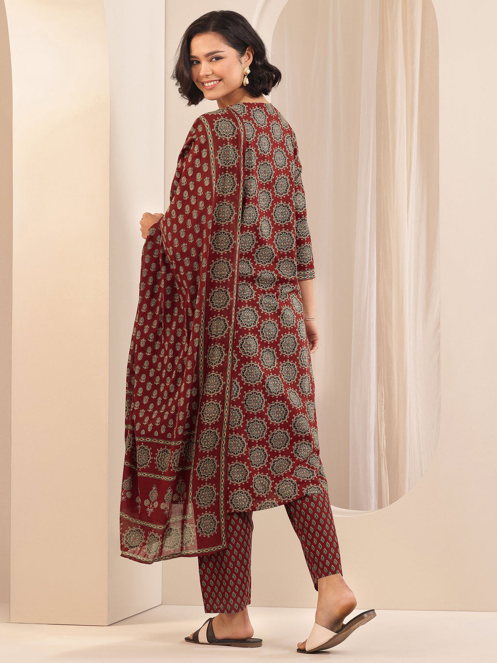 Libas Rust Printed Cotton Straight Suit Sets With Dupatta