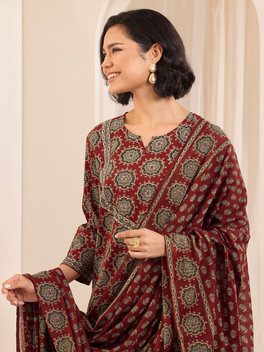 Libas Rust Printed Cotton Straight Suit Sets With Dupatta