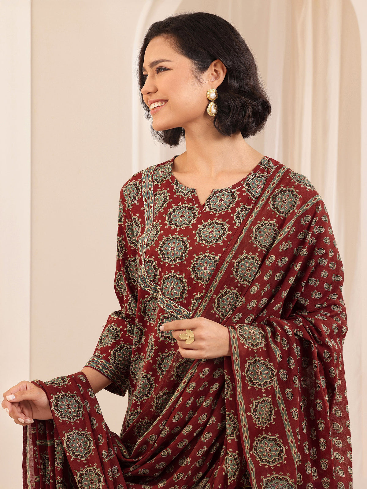 Libas Rust Printed Cotton Straight Suit Sets With Dupatta