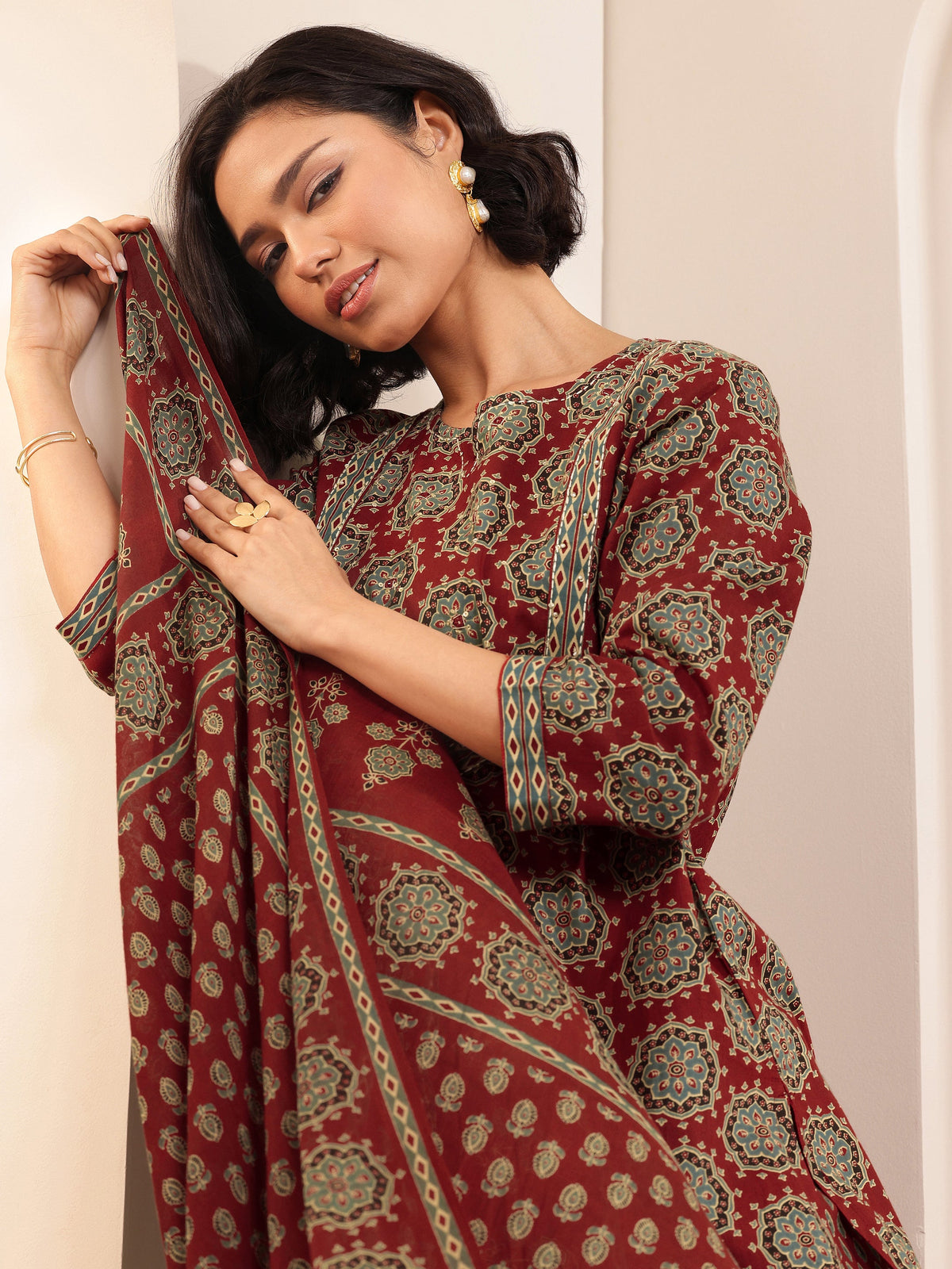 Libas Rust Printed Cotton Straight Suit Sets With Dupatta