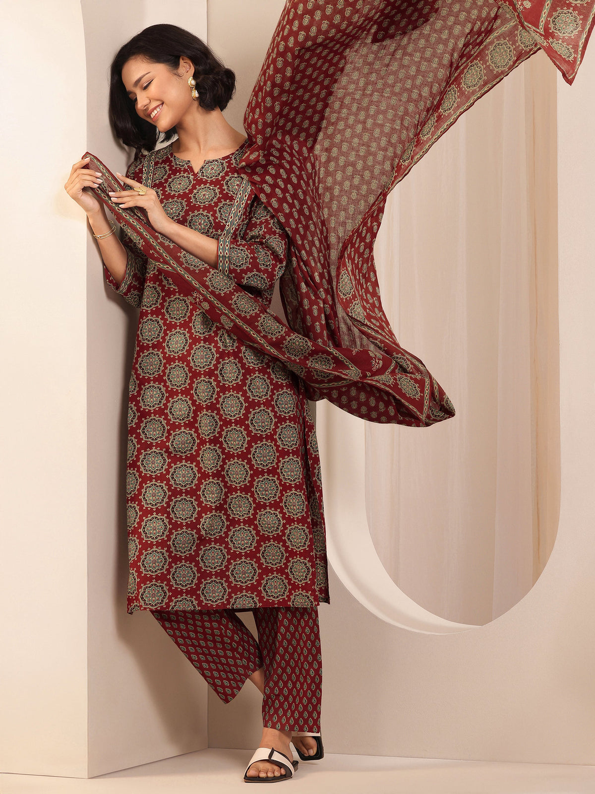 Libas Rust Printed Cotton Straight Suit Sets With Dupatta