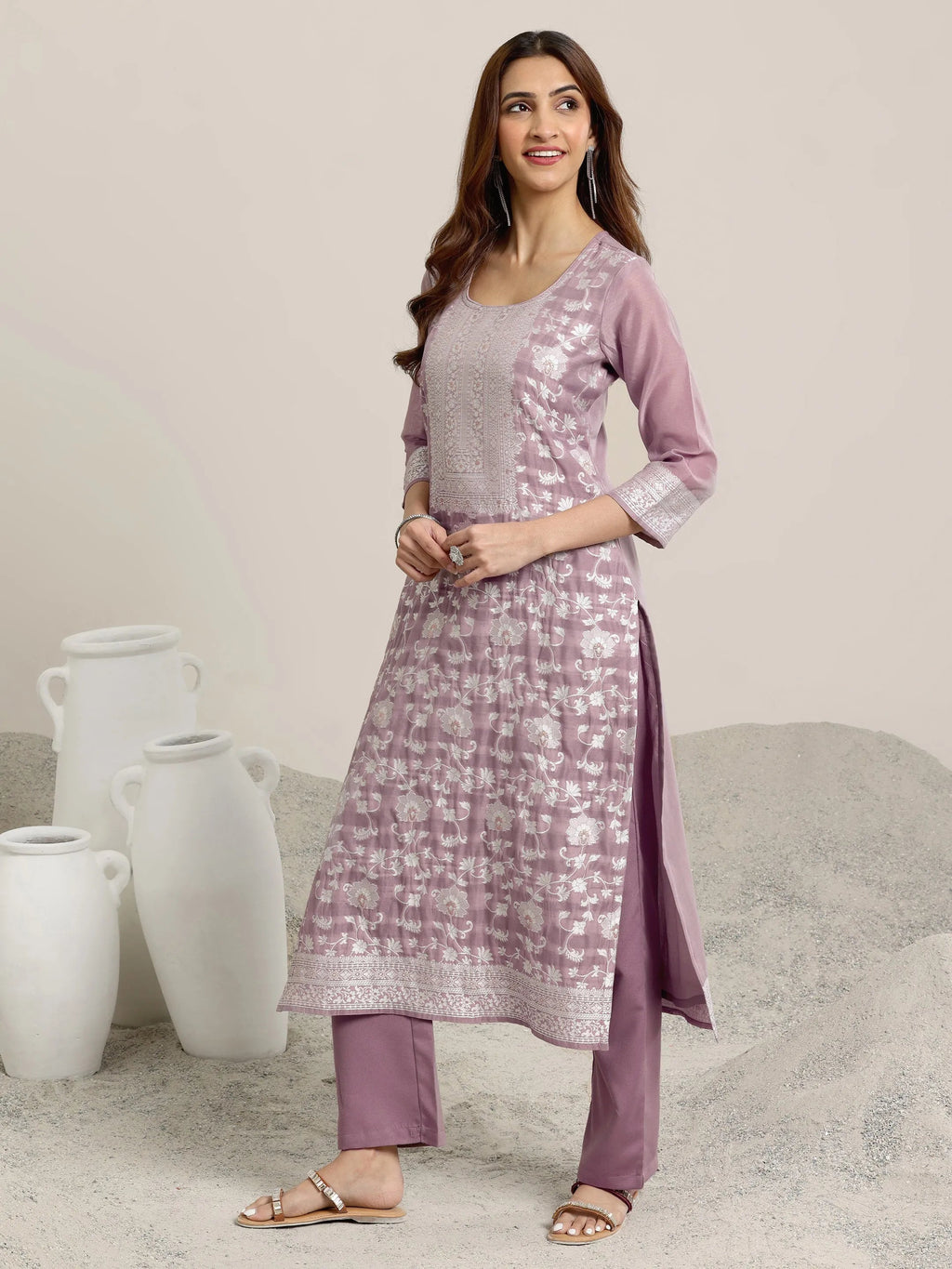 Libas Mauve Woven Design Chanderi Silk Straight  Suits With Dupatta