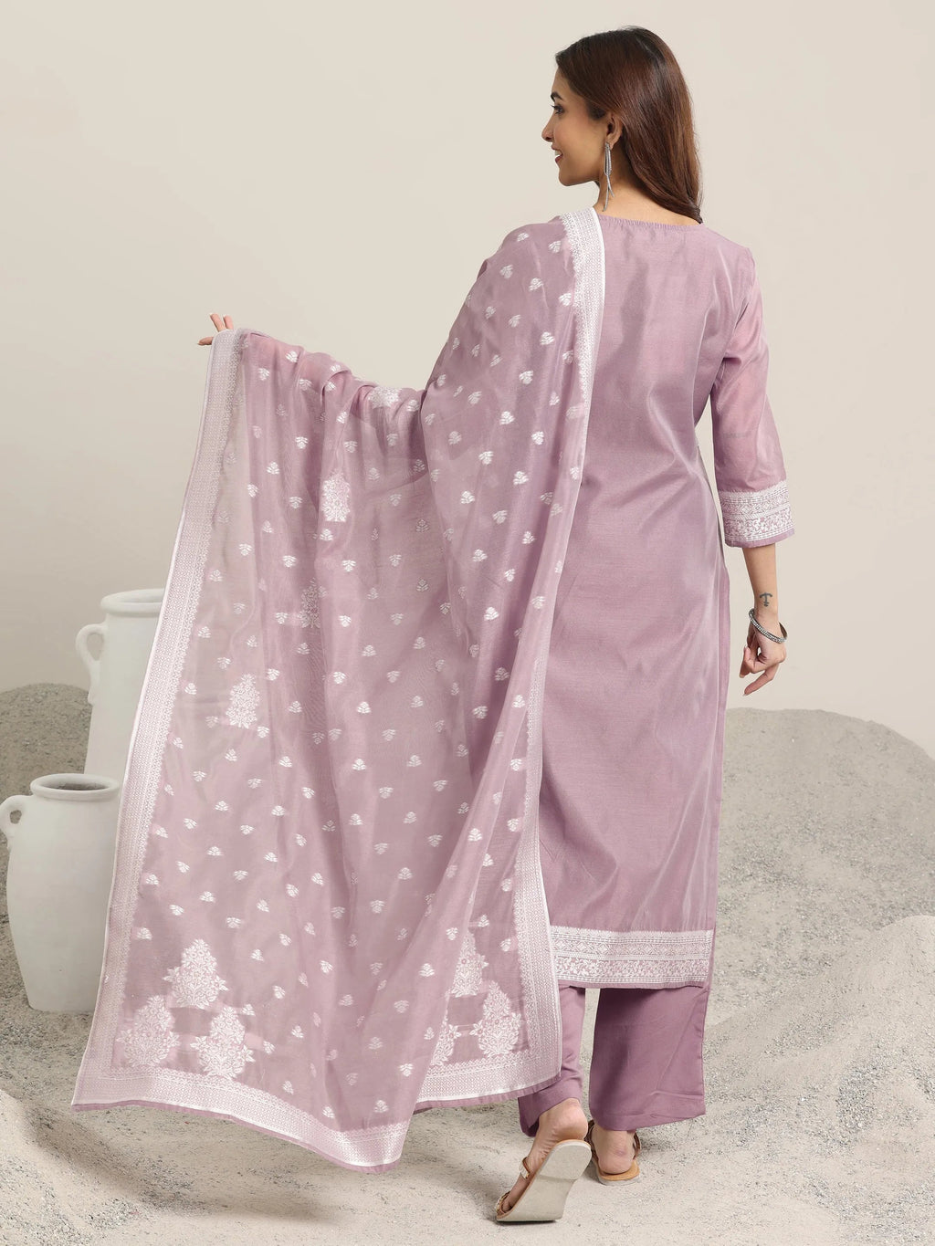 Libas Mauve Woven Design Chanderi Silk Straight  Suits With Dupatta
