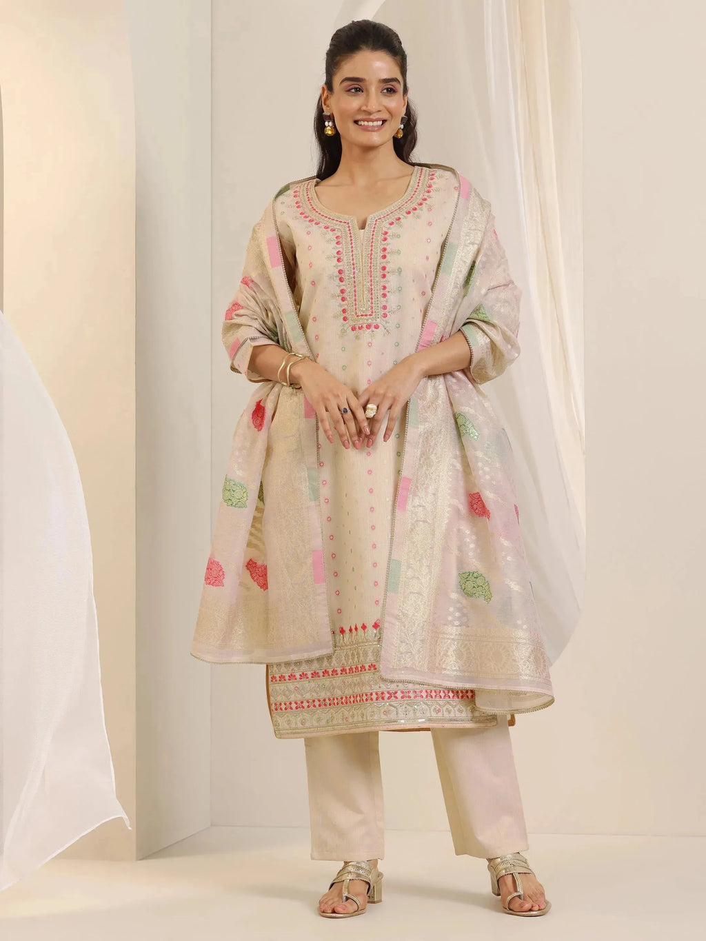 Libas Off White Woven Design Chanderi Silk Straight Suit Set With Dupatta