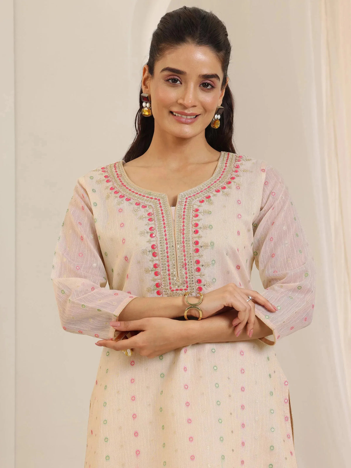 Libas Off White Woven Design Chanderi Silk Straight Suit Set With Dupatta