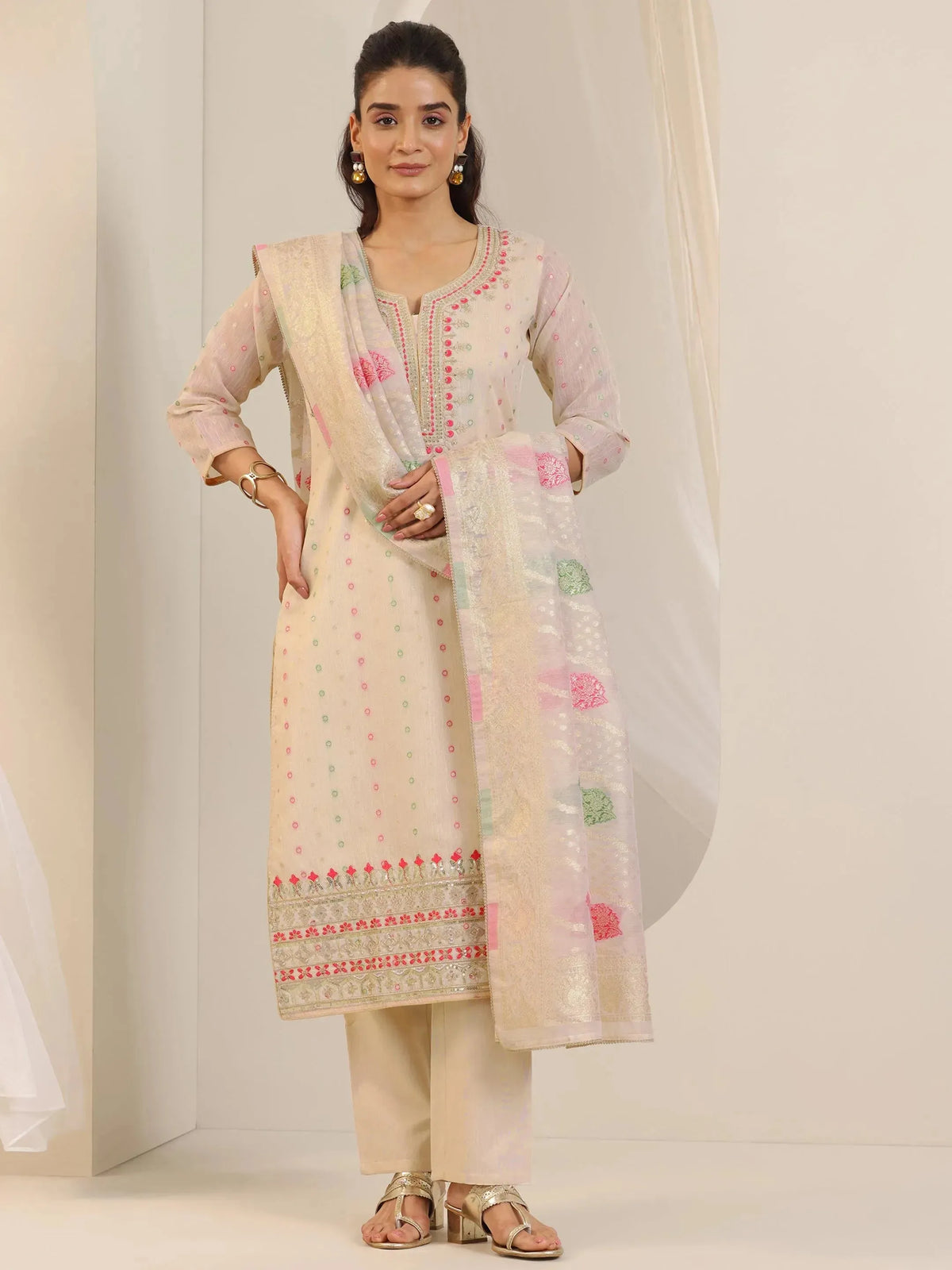 Libas Off White Woven Design Chanderi Silk Straight Suit Set With Dupatta