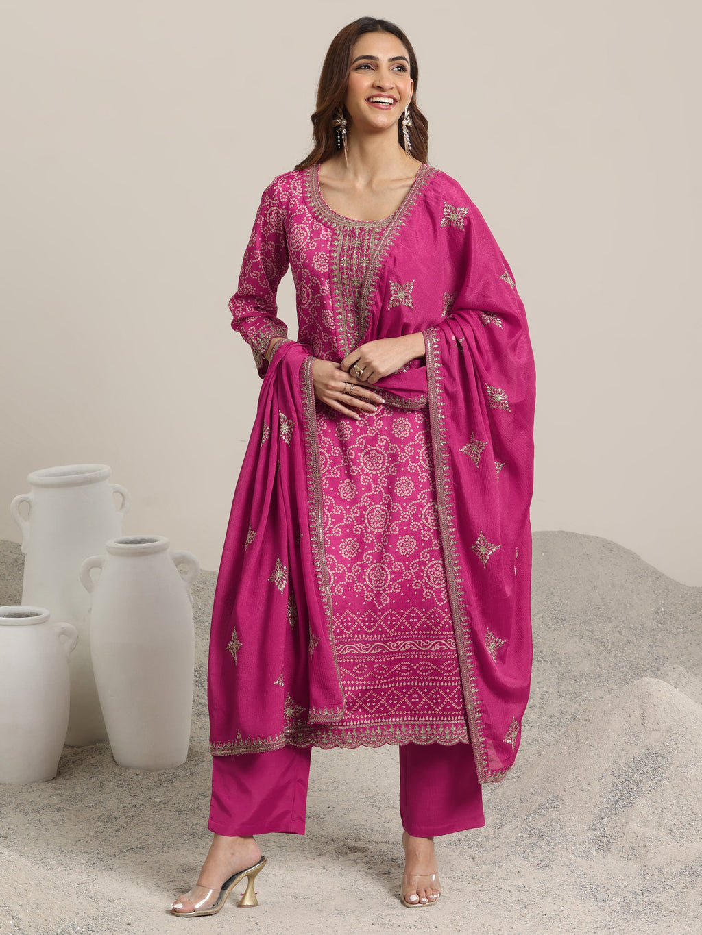 Libas Pink Printed Chinon Straight Suit Set With Dupatta