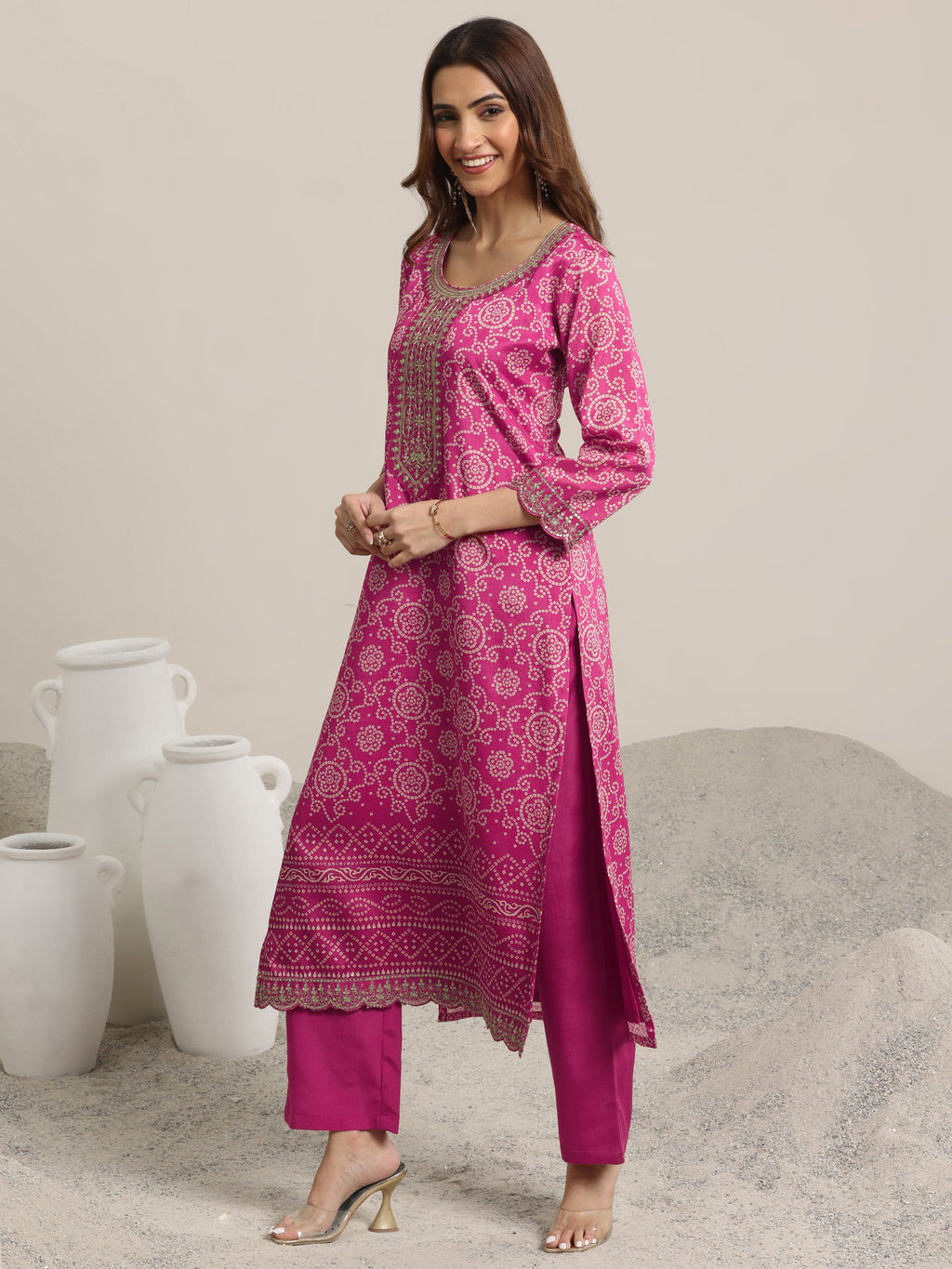 Libas Pink Printed Chinon Straight Suit Set With Dupatta