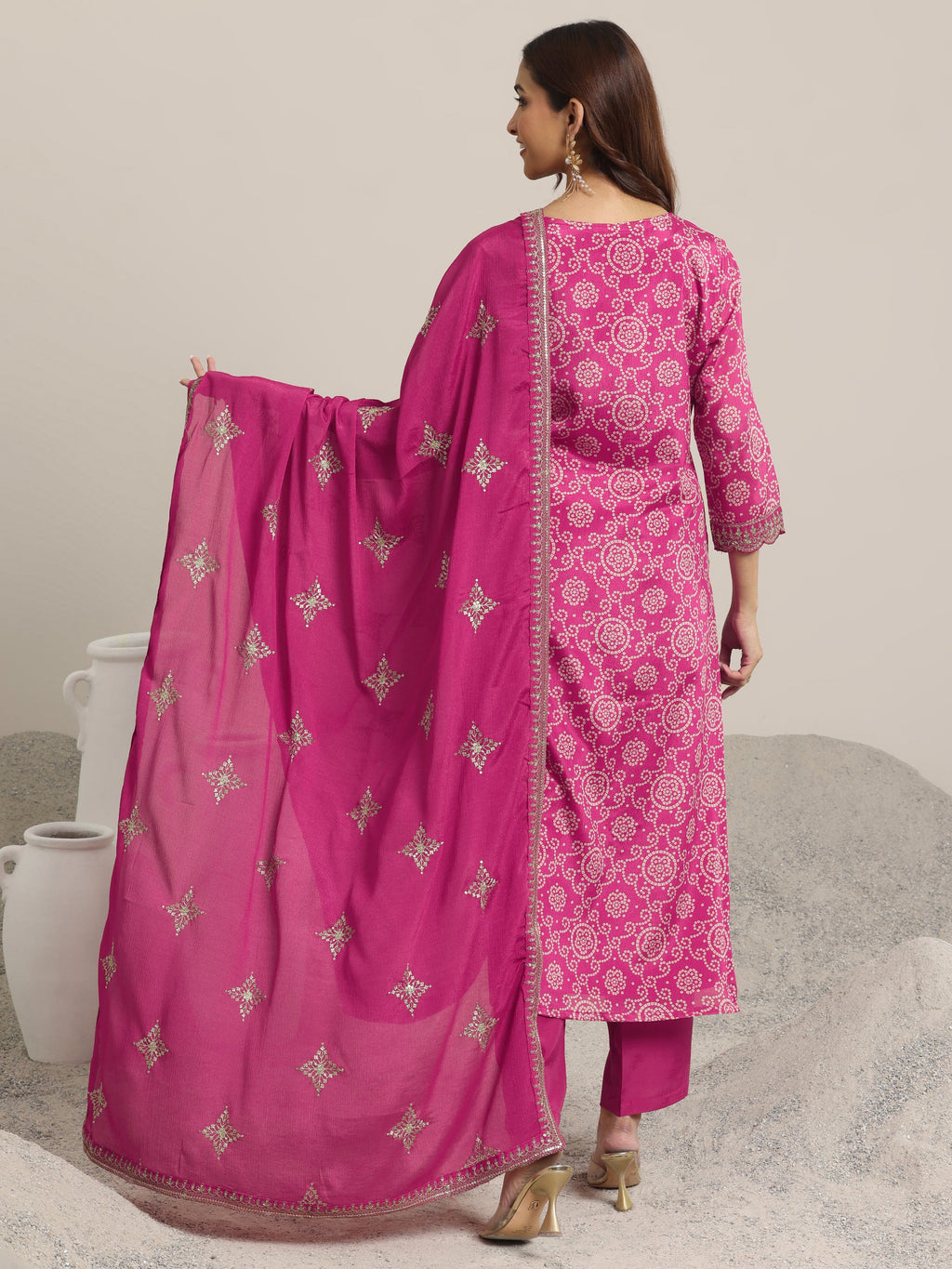 Libas Pink Printed Chinon Straight Suit Set With Dupatta