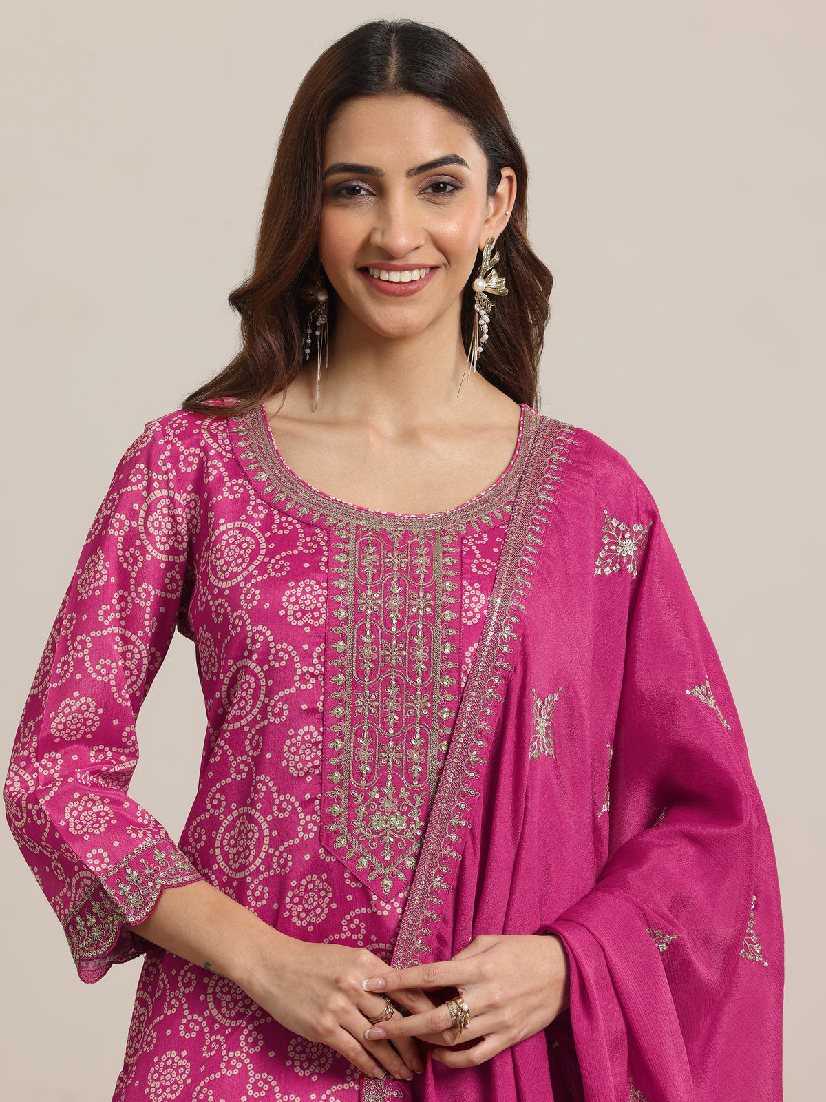 Libas Pink Printed Chinon Straight Suit Set With Dupatta