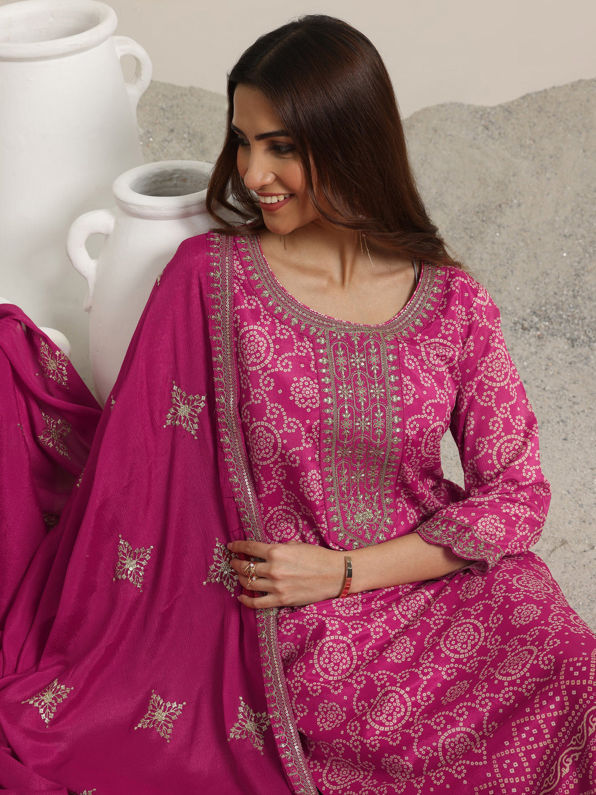 Libas Pink Printed Chinon Straight Suit Set With Dupatta