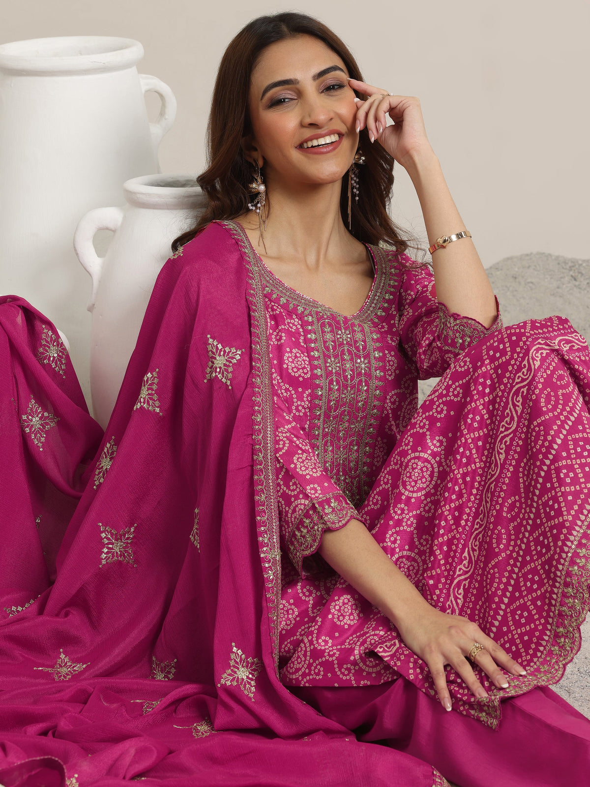 Libas Pink Printed Chinon Straight Suit Set With Dupatta