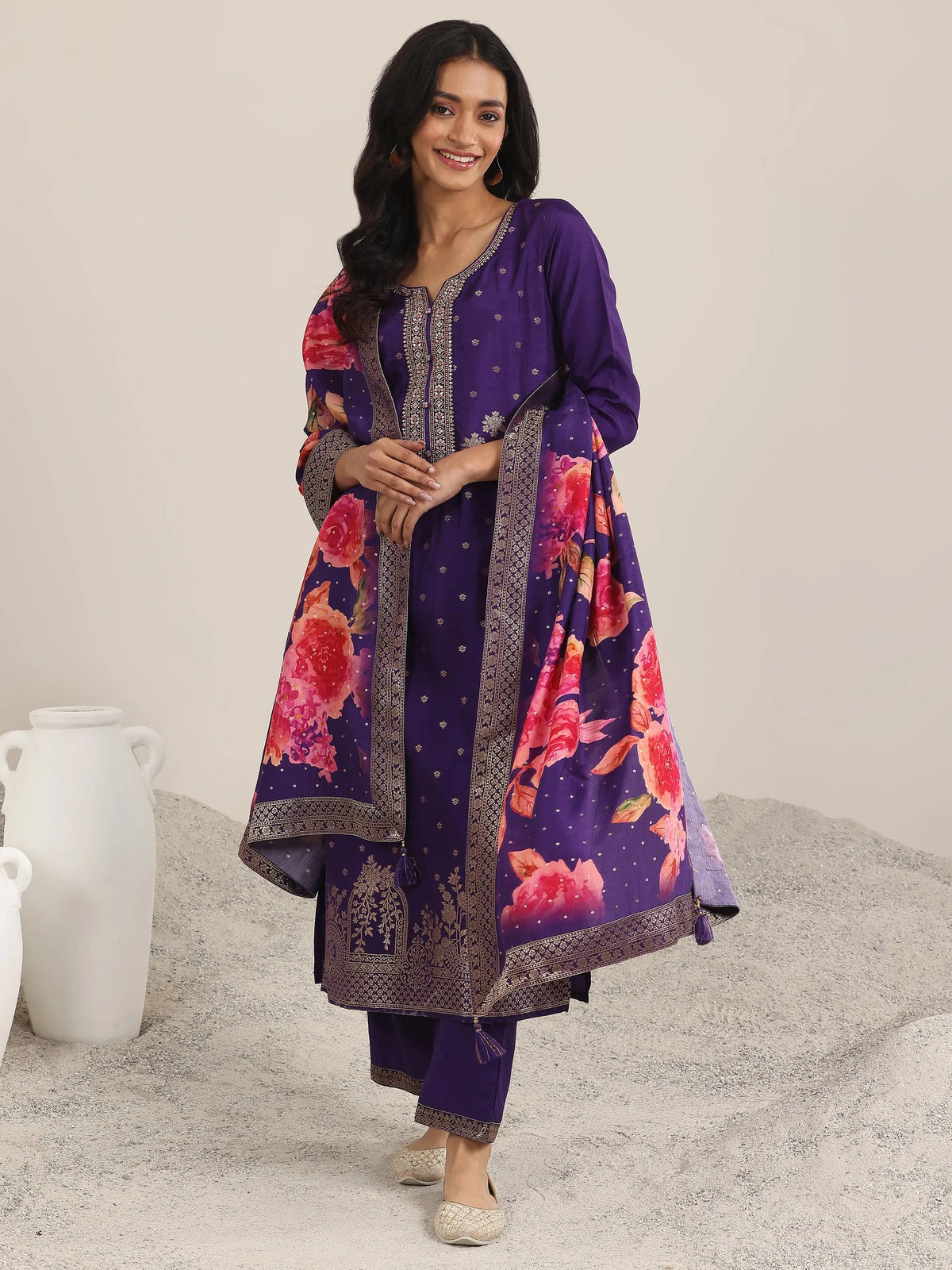 Libas Purple Woven Design Silk Blend Straight Suit With Dupatta