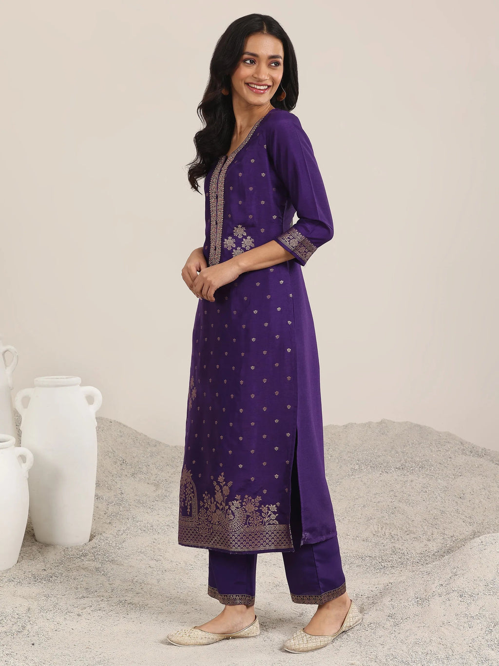 Libas Purple Woven Design Silk Blend Straight Suit With Dupatta