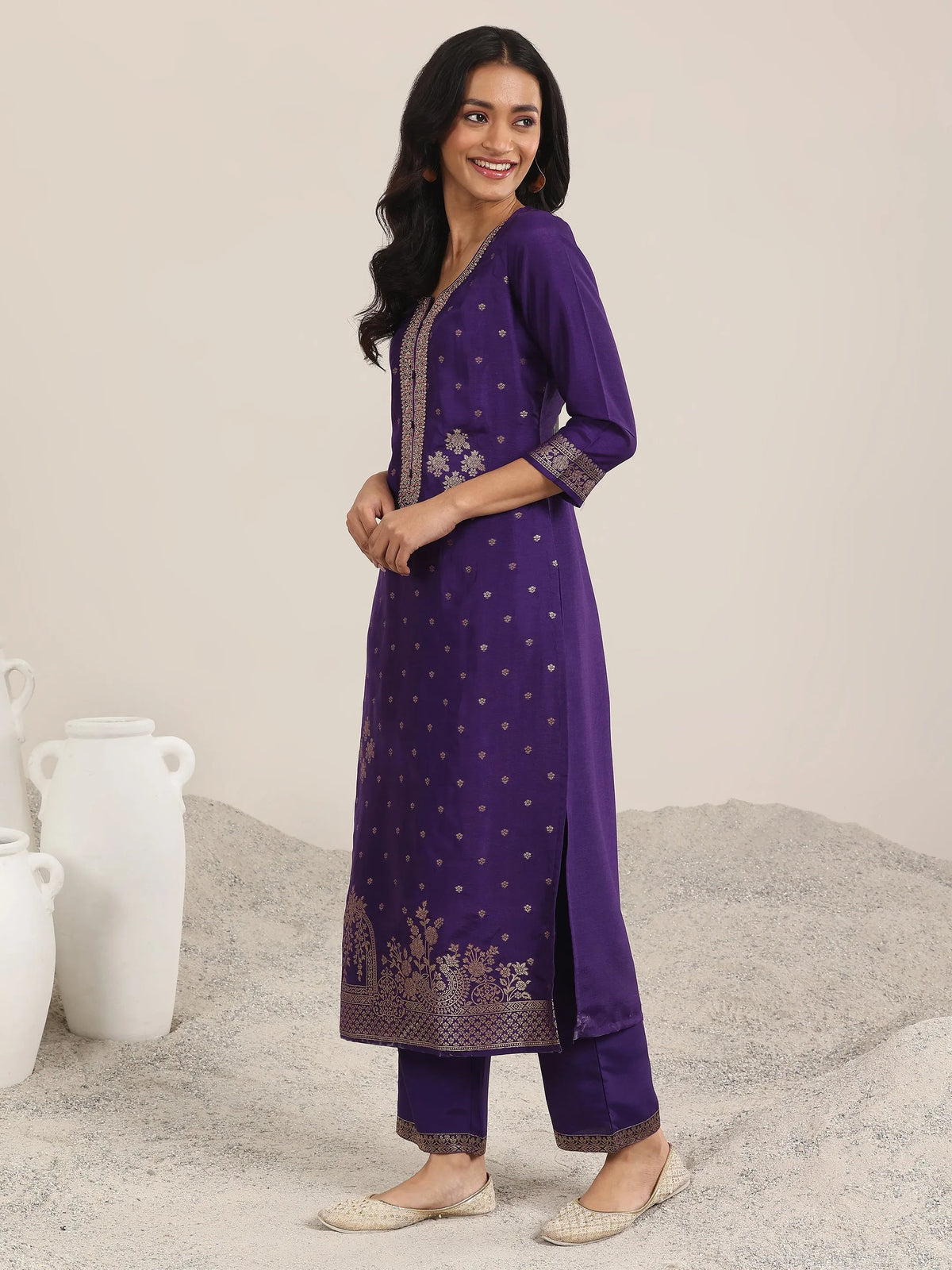 Libas Purple Woven Design Silk Blend Straight Suit With Dupatta